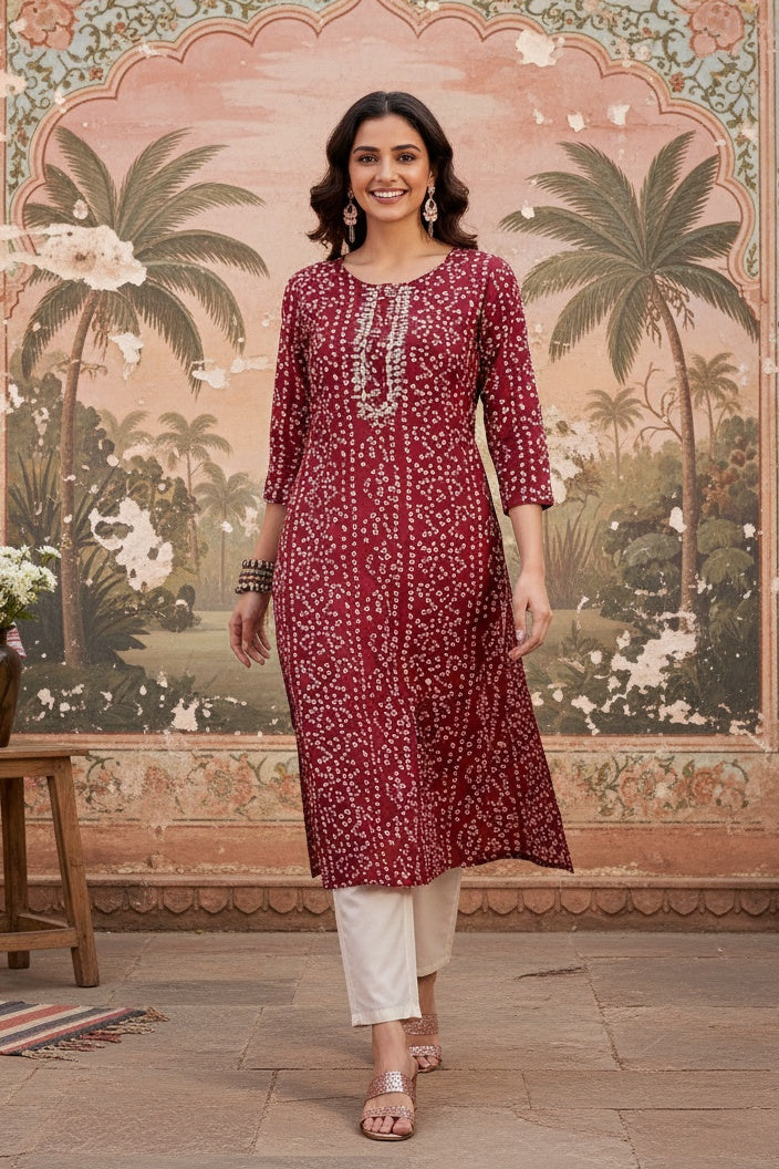 Red Round Neck Bandhani Print Cotton Kurta For Women