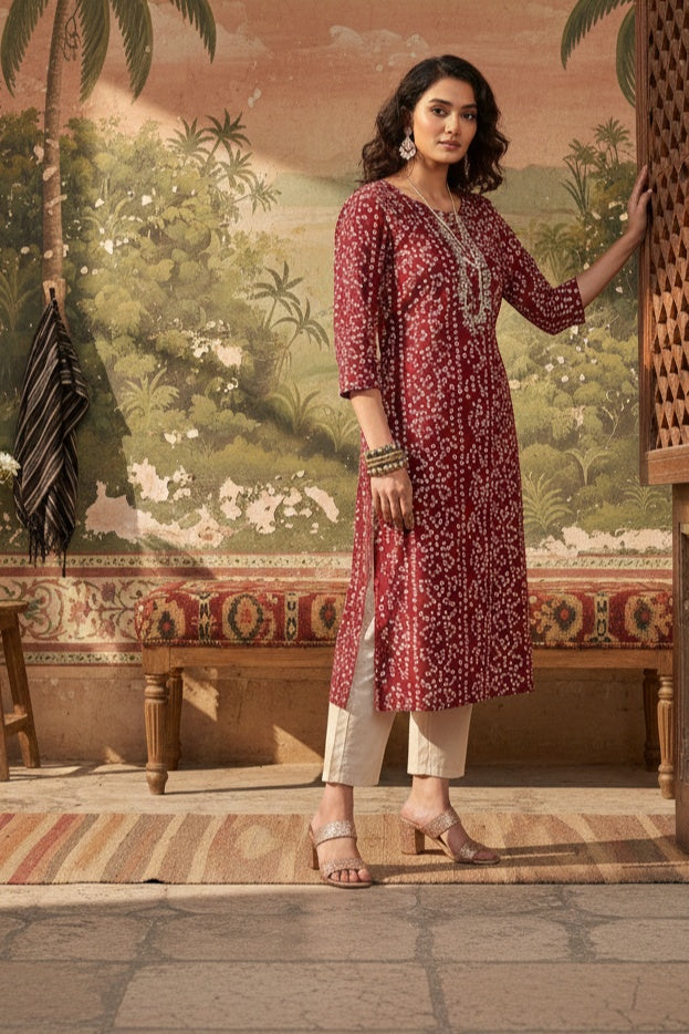 Red Round Neck Bandhani Print Cotton Kurta For Women