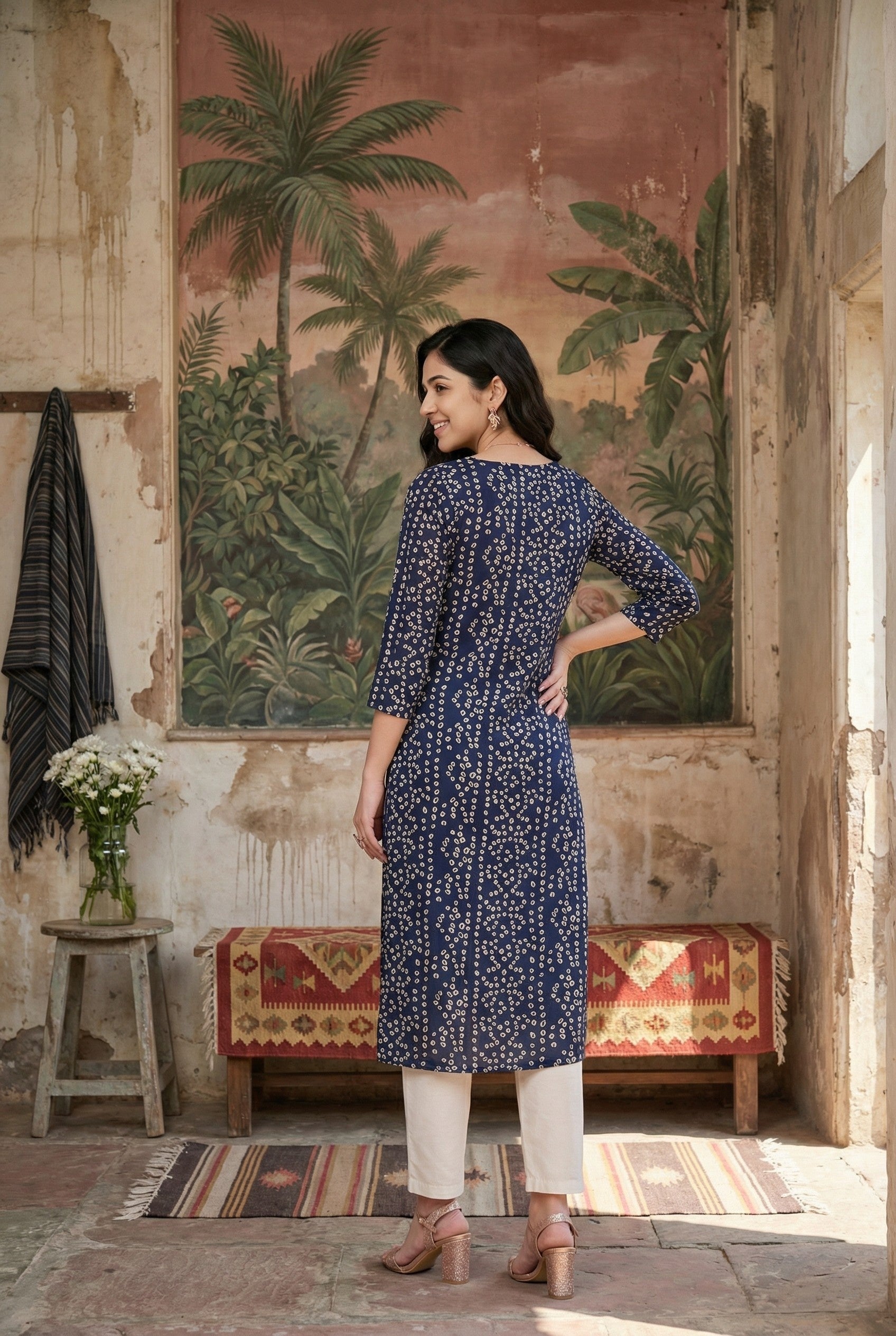 Blue Round Neck Bandhani Print Cotton Kurta For Women