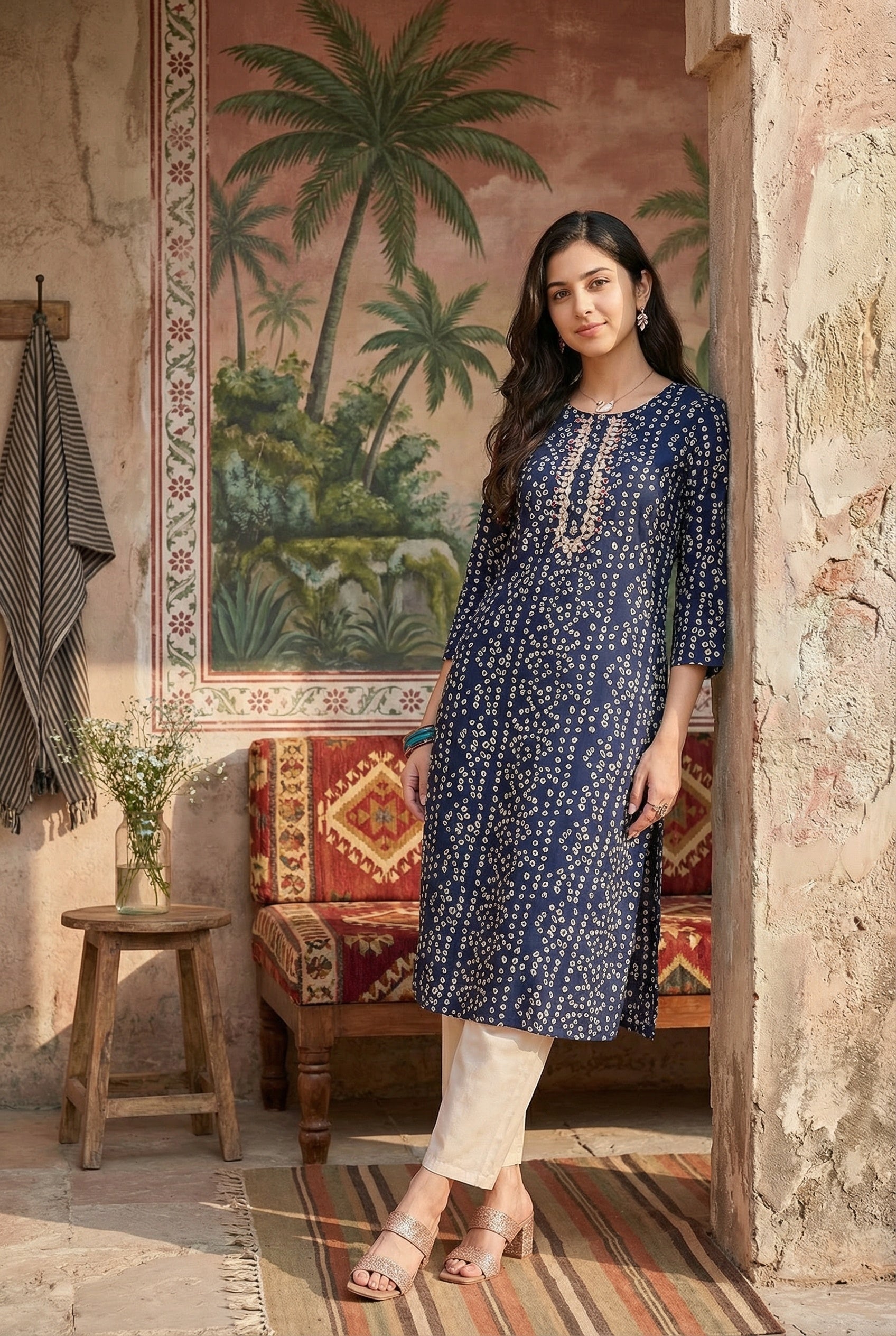 Blue Round Neck Bandhani Print Cotton Kurta For Women