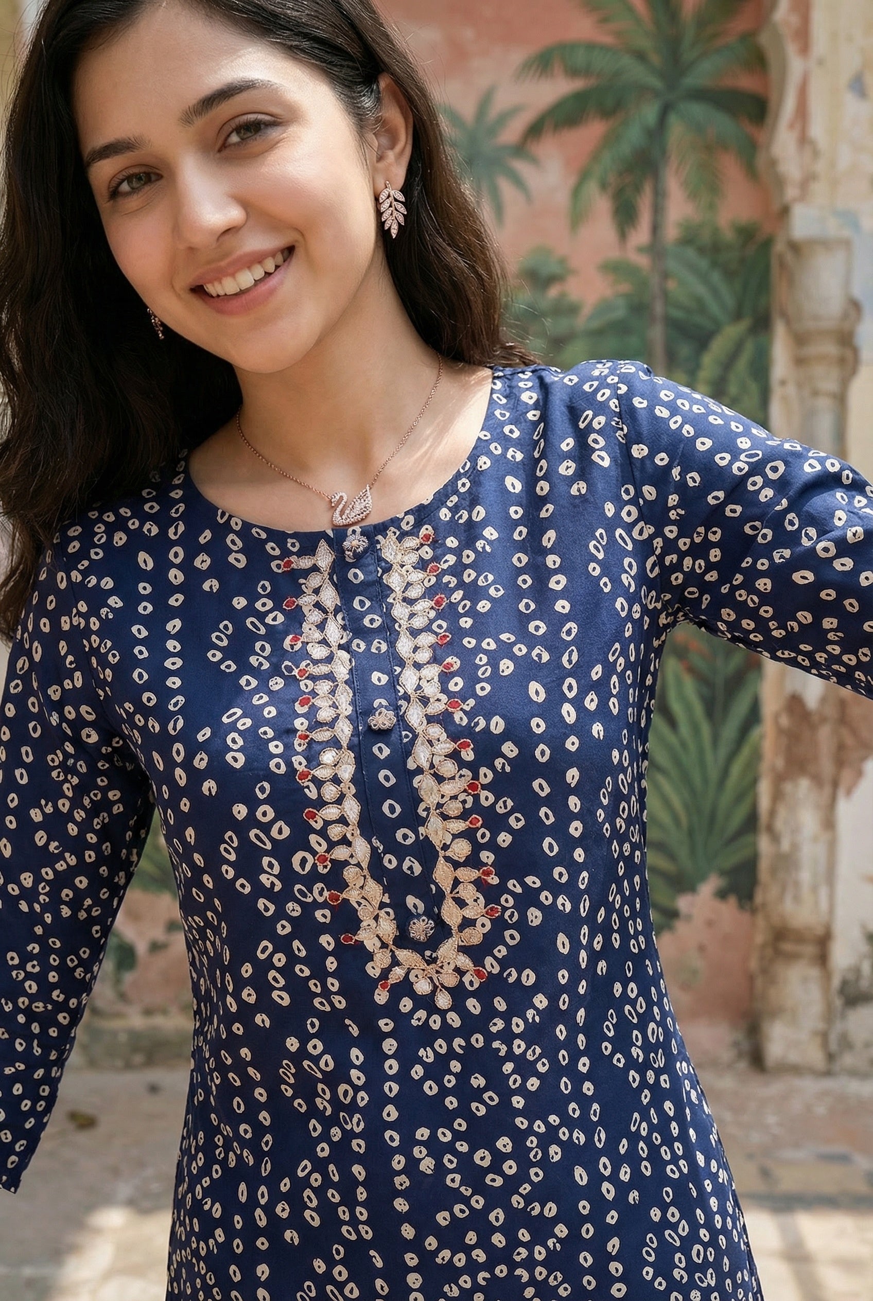 Blue Round Neck Bandhani Print Cotton Kurta For Women