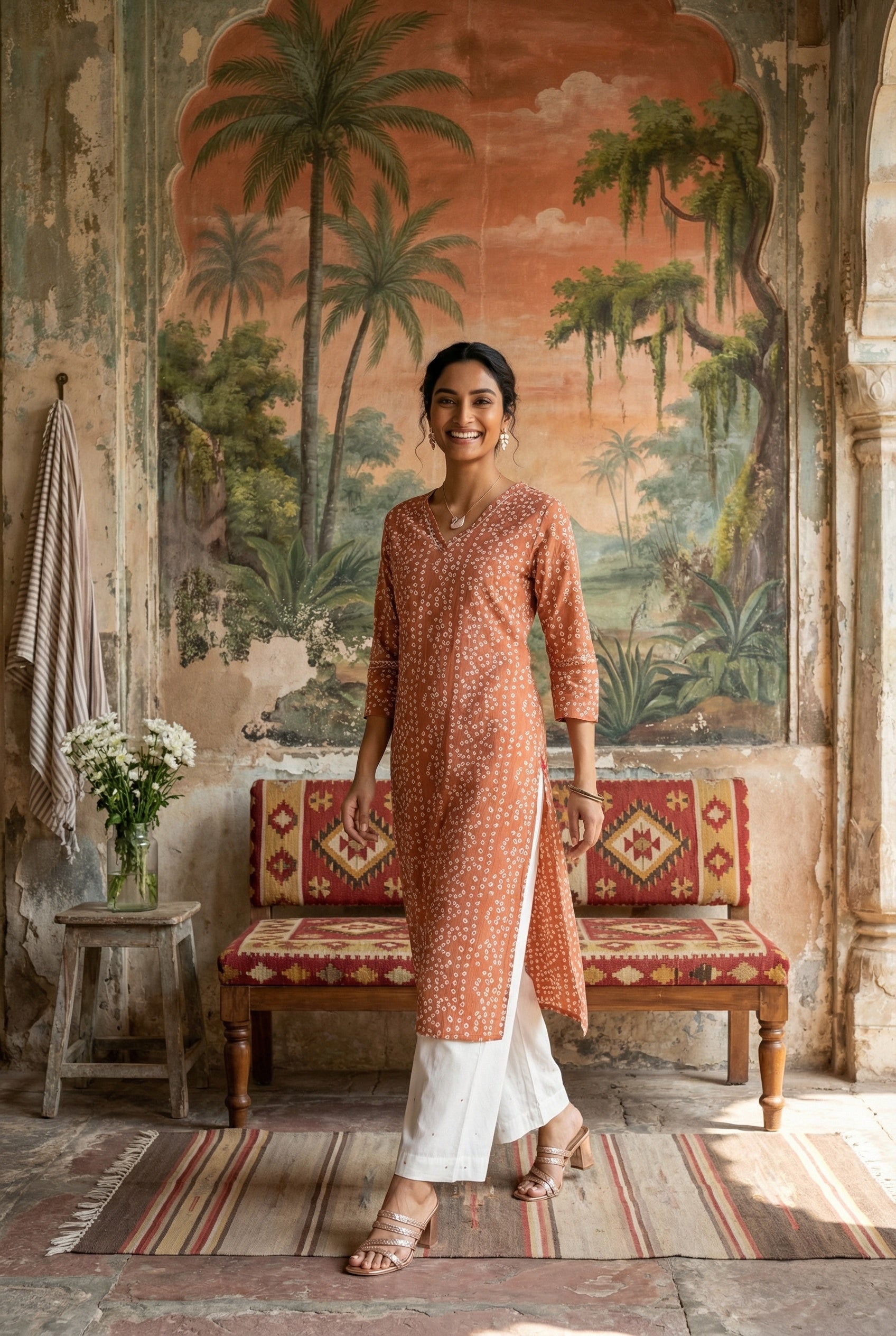 Orange V-Neck Bandhani Print Cotton Kurta For Women