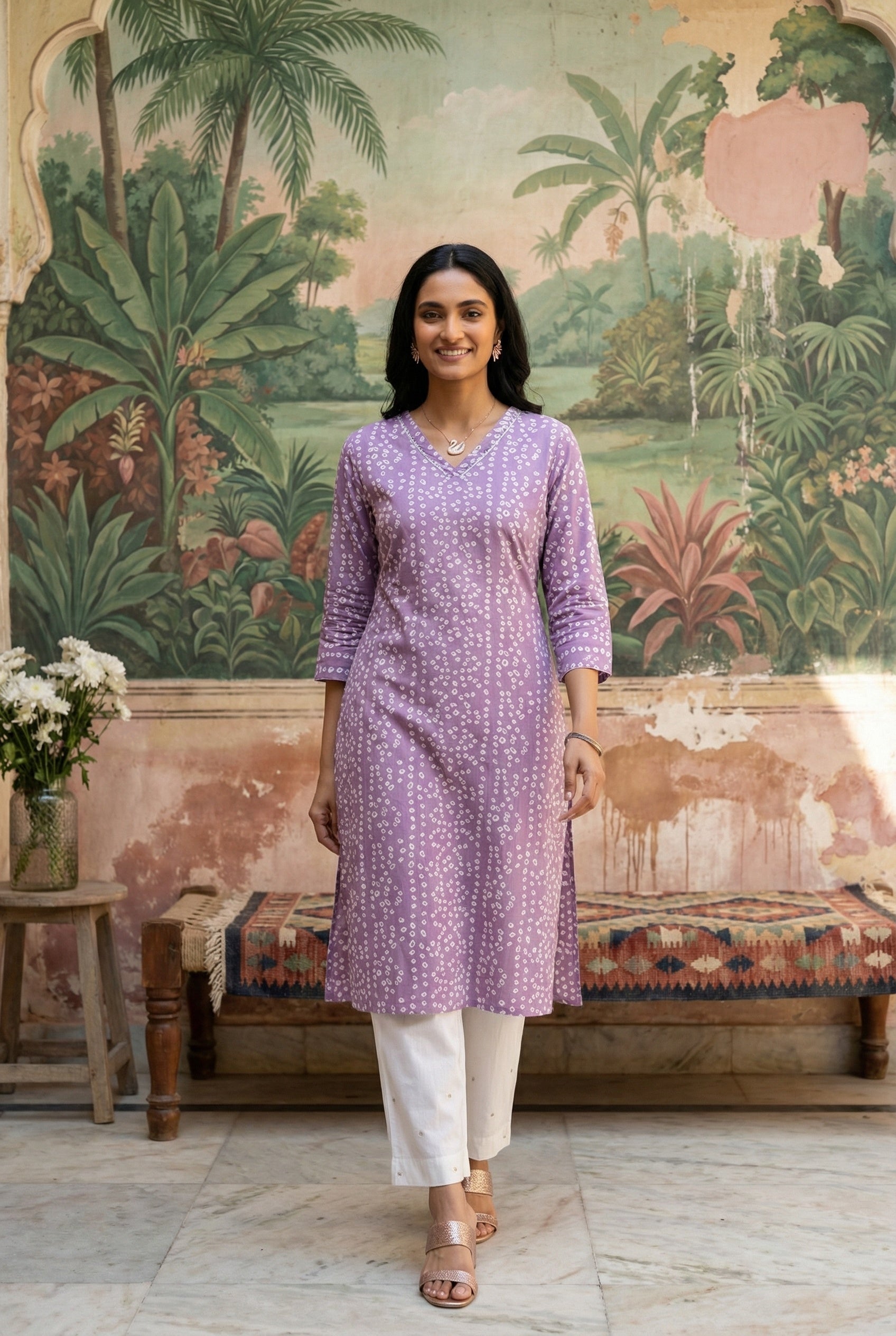 Lavender V-Neck Floral Print Cotton Kurta For Women
