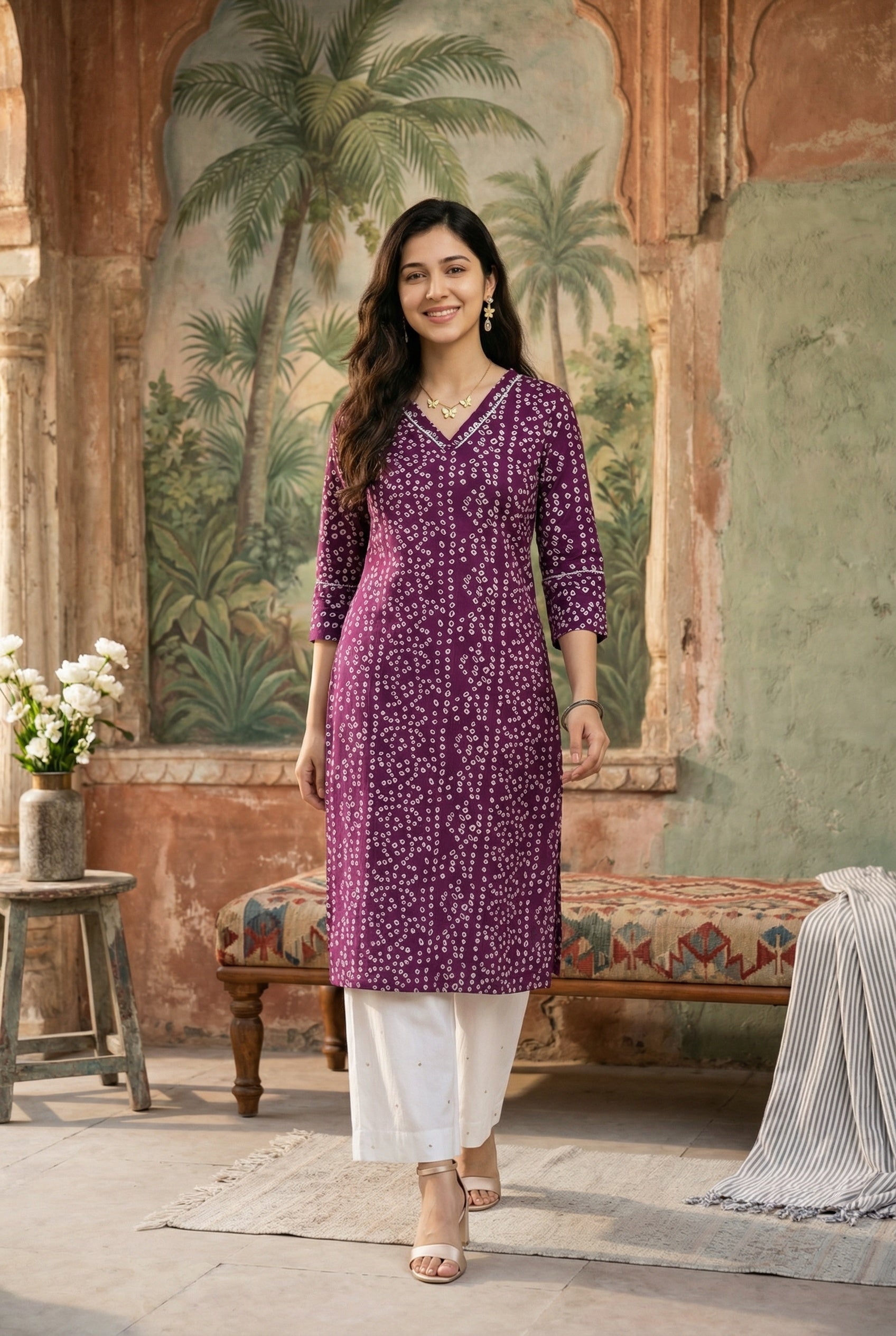 Purple V-Neck Bandhani Print Cotton Kurta For Women