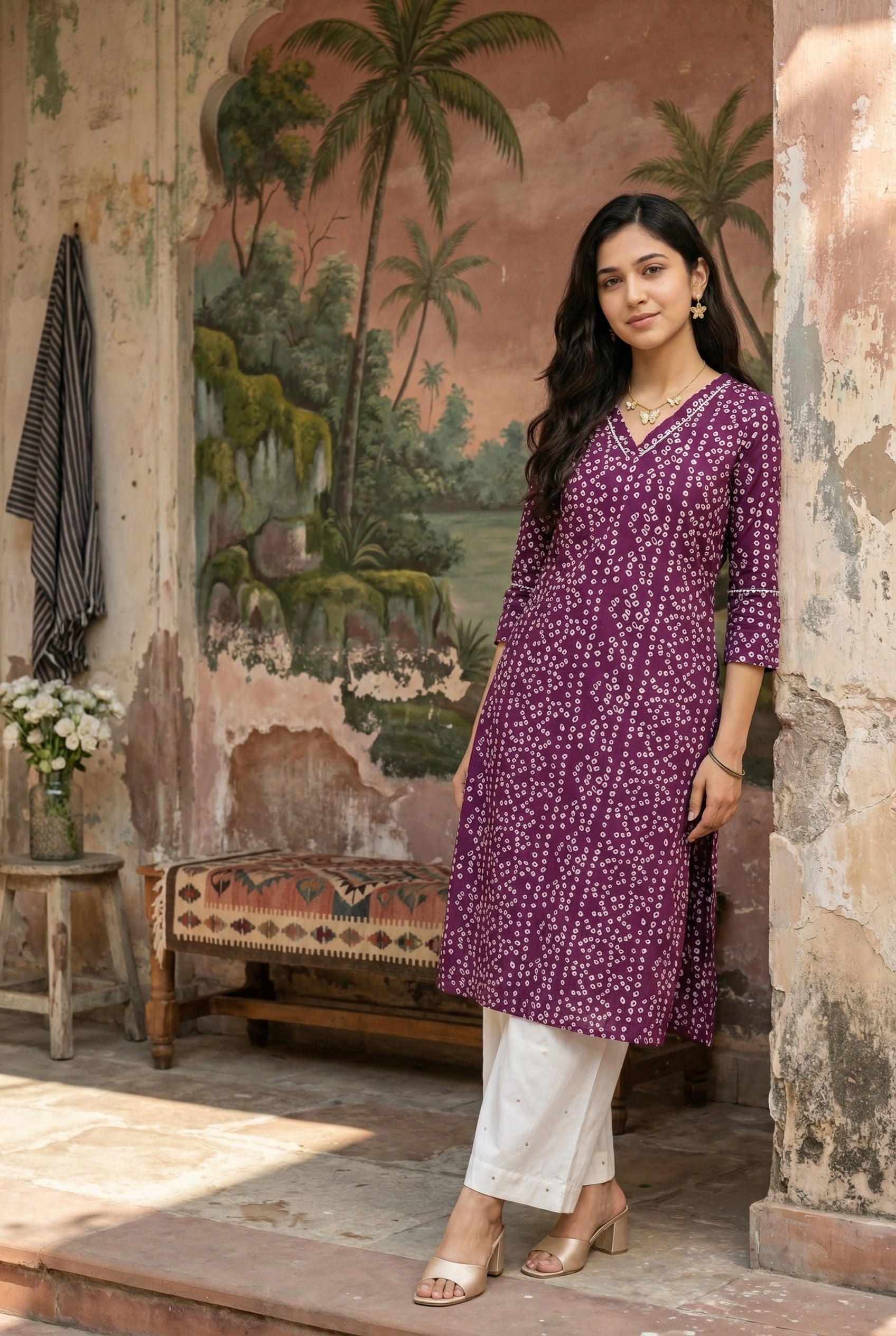 Purple V-Neck Bandhani Print Cotton Kurta For Women