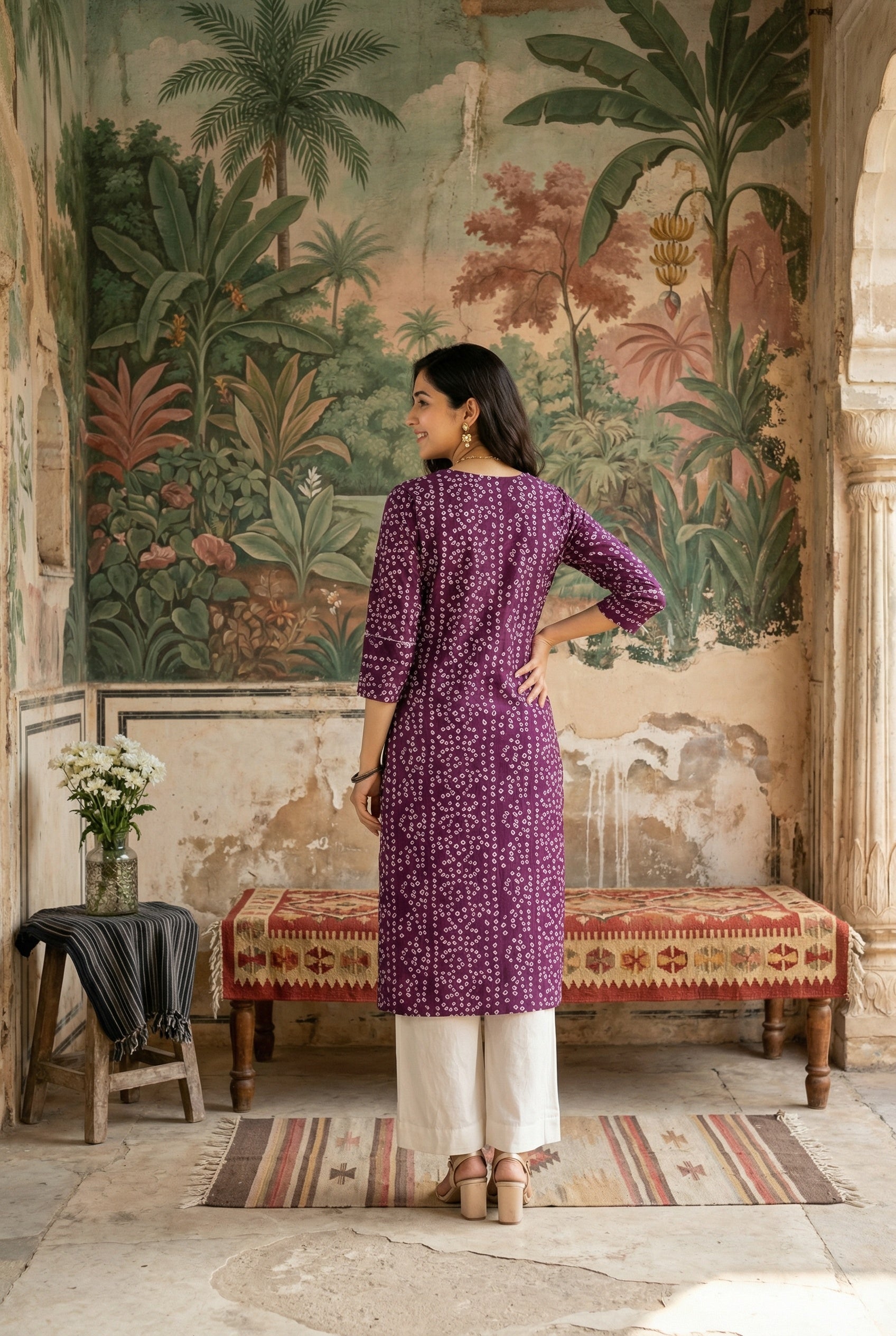Purple V-Neck Bandhani Print Cotton Kurta For Women
