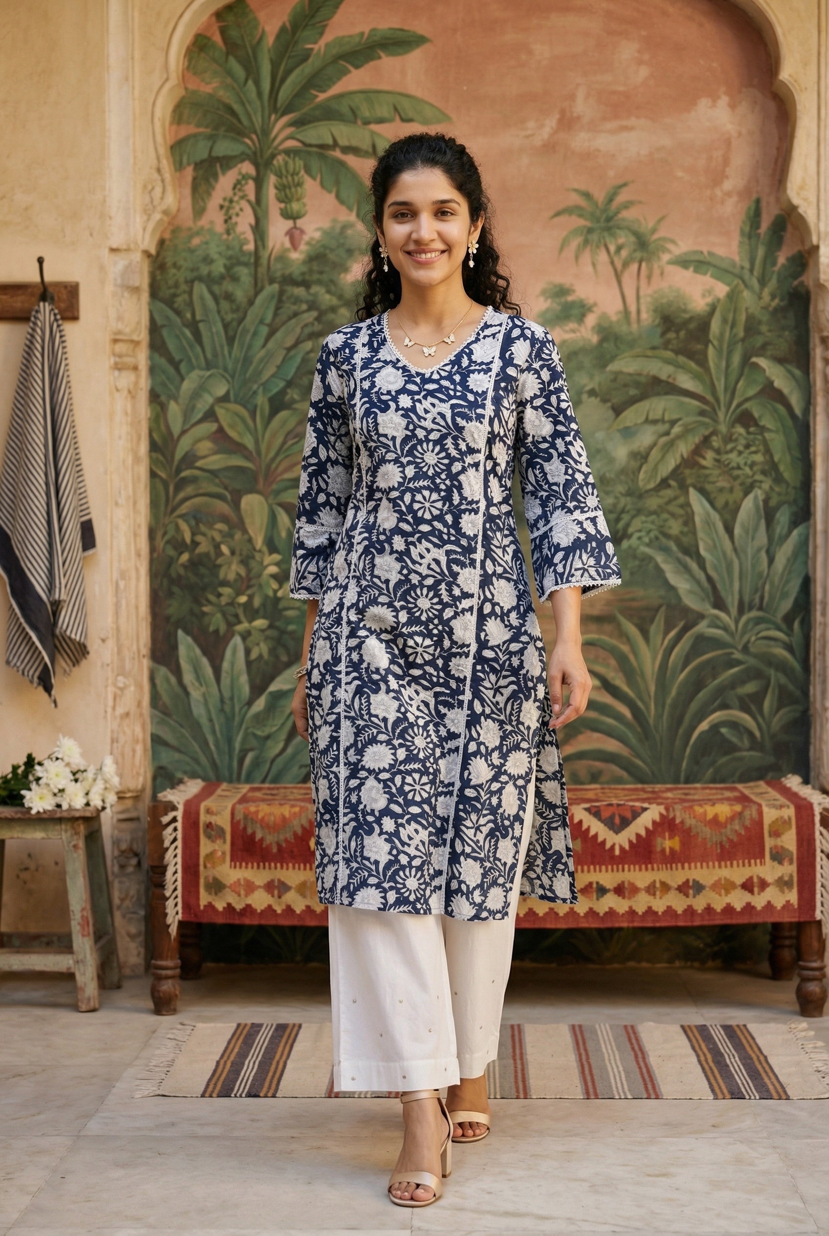 Black V-Neck Floral Print Cotton Kurta For Women