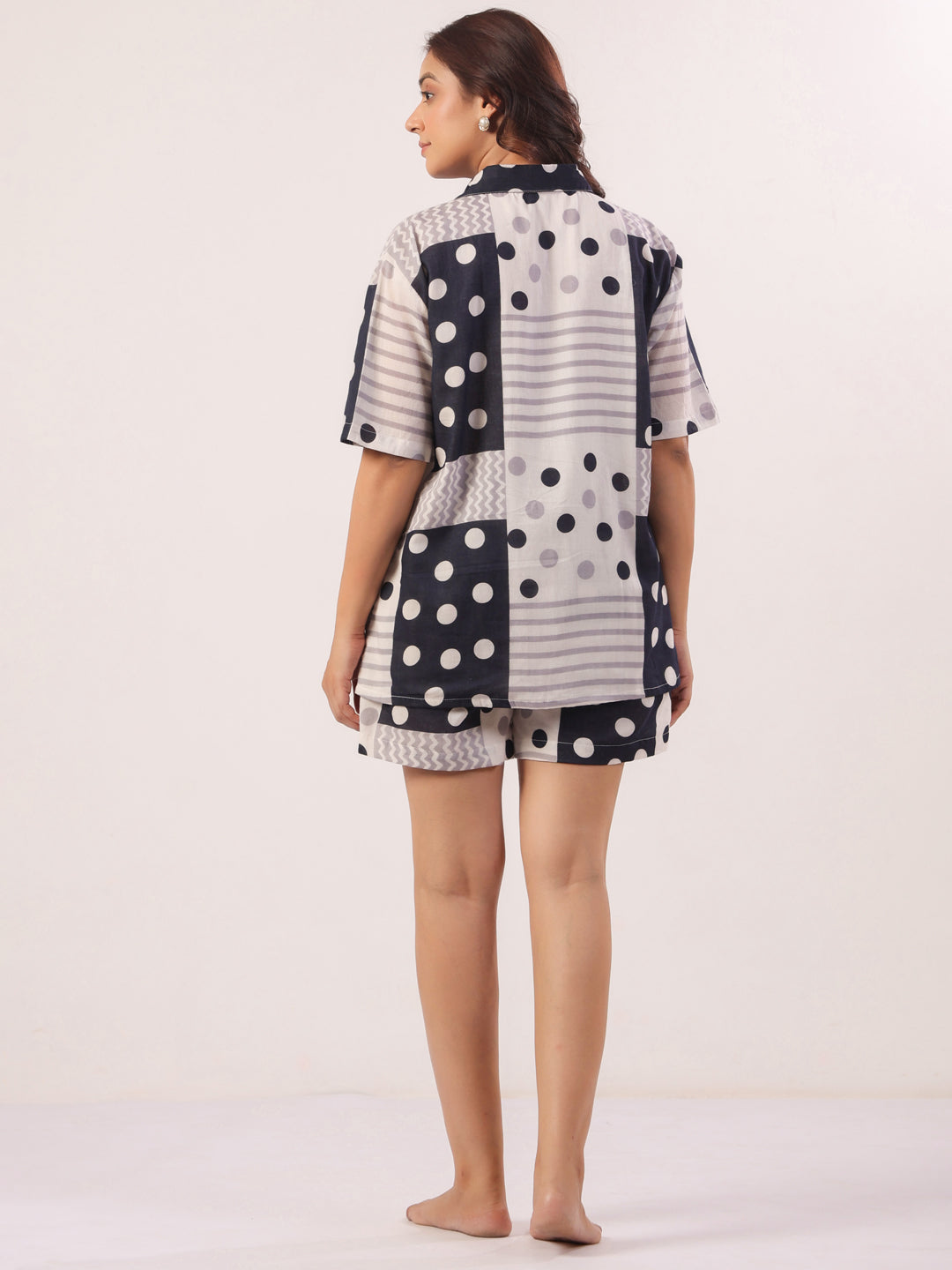 Black Shirt Collar Polk Dot Print Cotton Lounge set  For Women