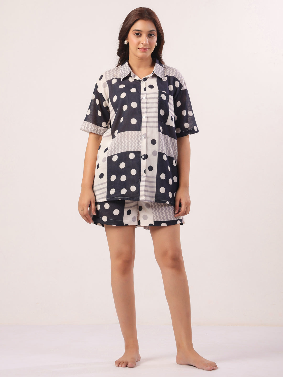 Black Shirt Collar Polk Dot Print Cotton Lounge set  For Women