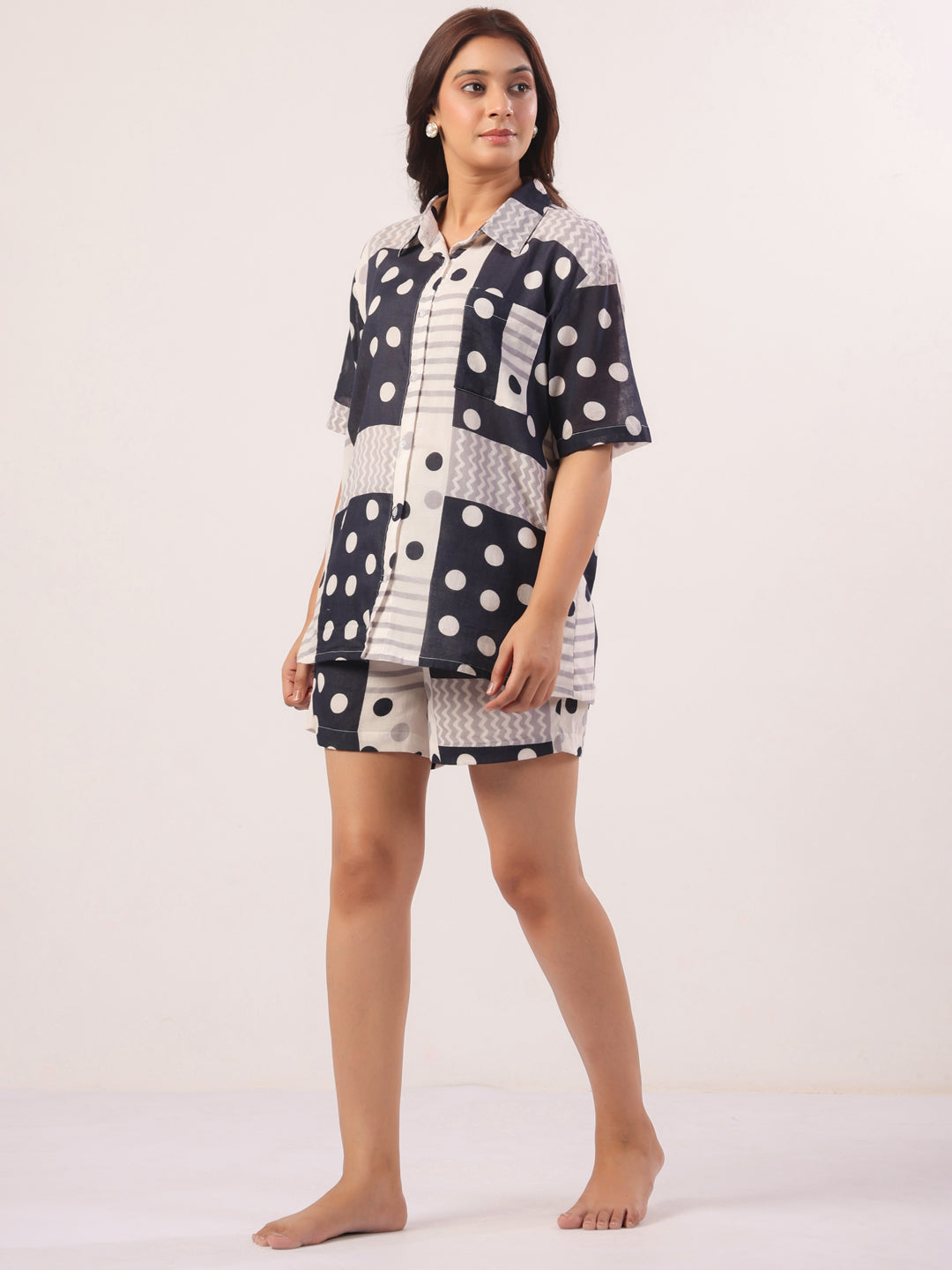 Black Shirt Collar Polk Dot Print Cotton Lounge set  For Women