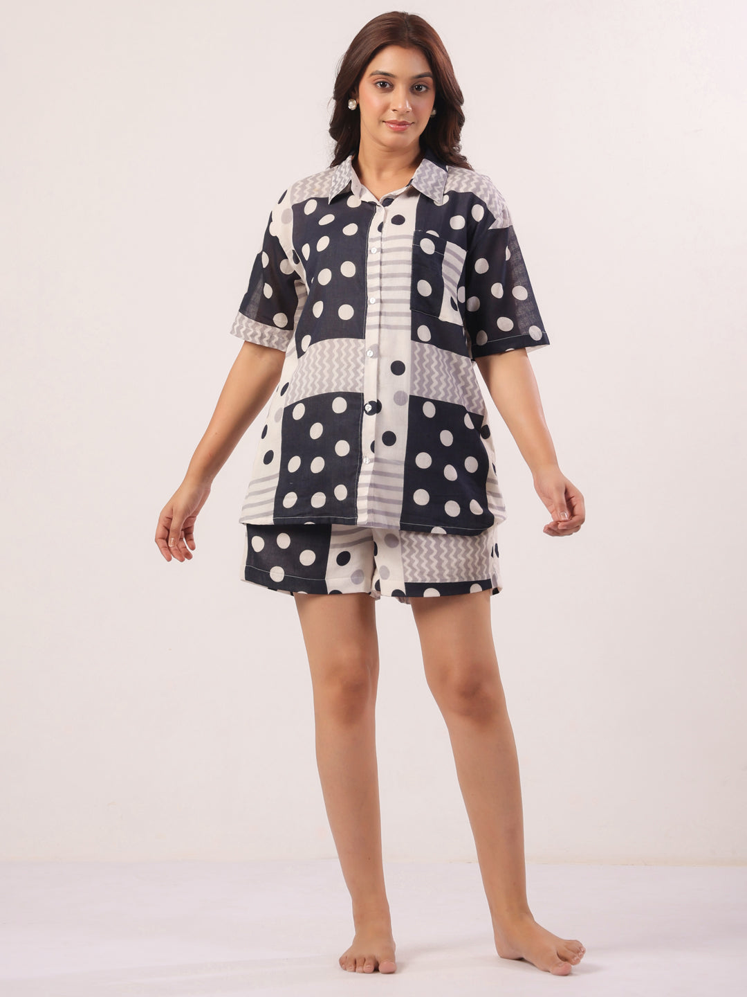 Black Shirt Collar Polk Dot Print Cotton Lounge set  For Women