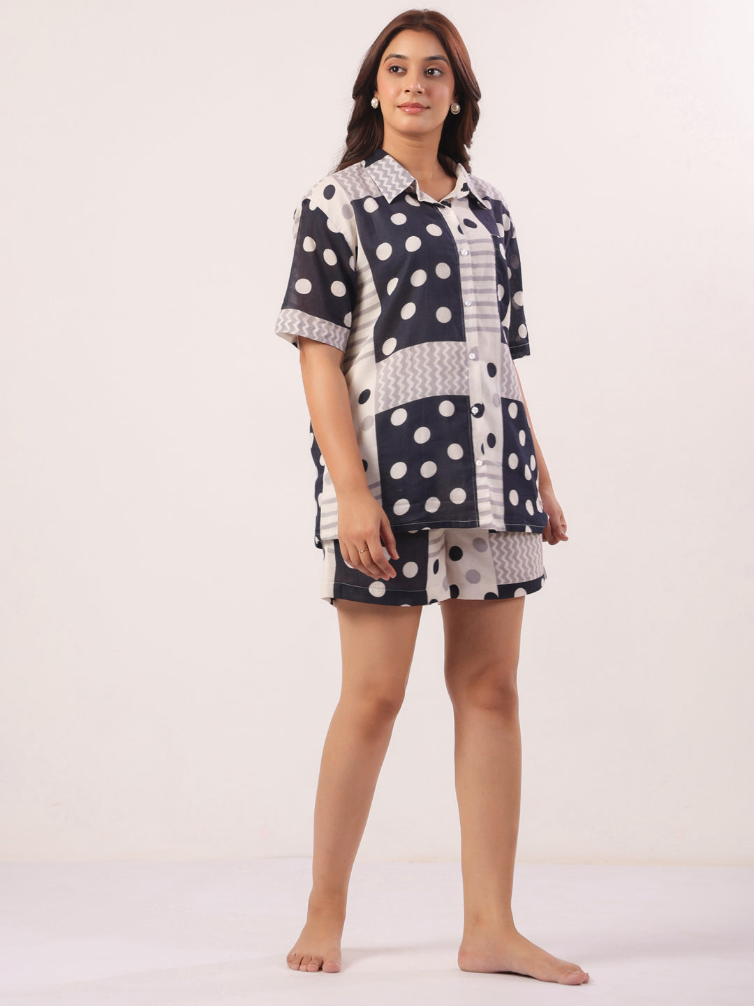 Black Shirt Collar Polk Dot Print Cotton Lounge set  For Women
