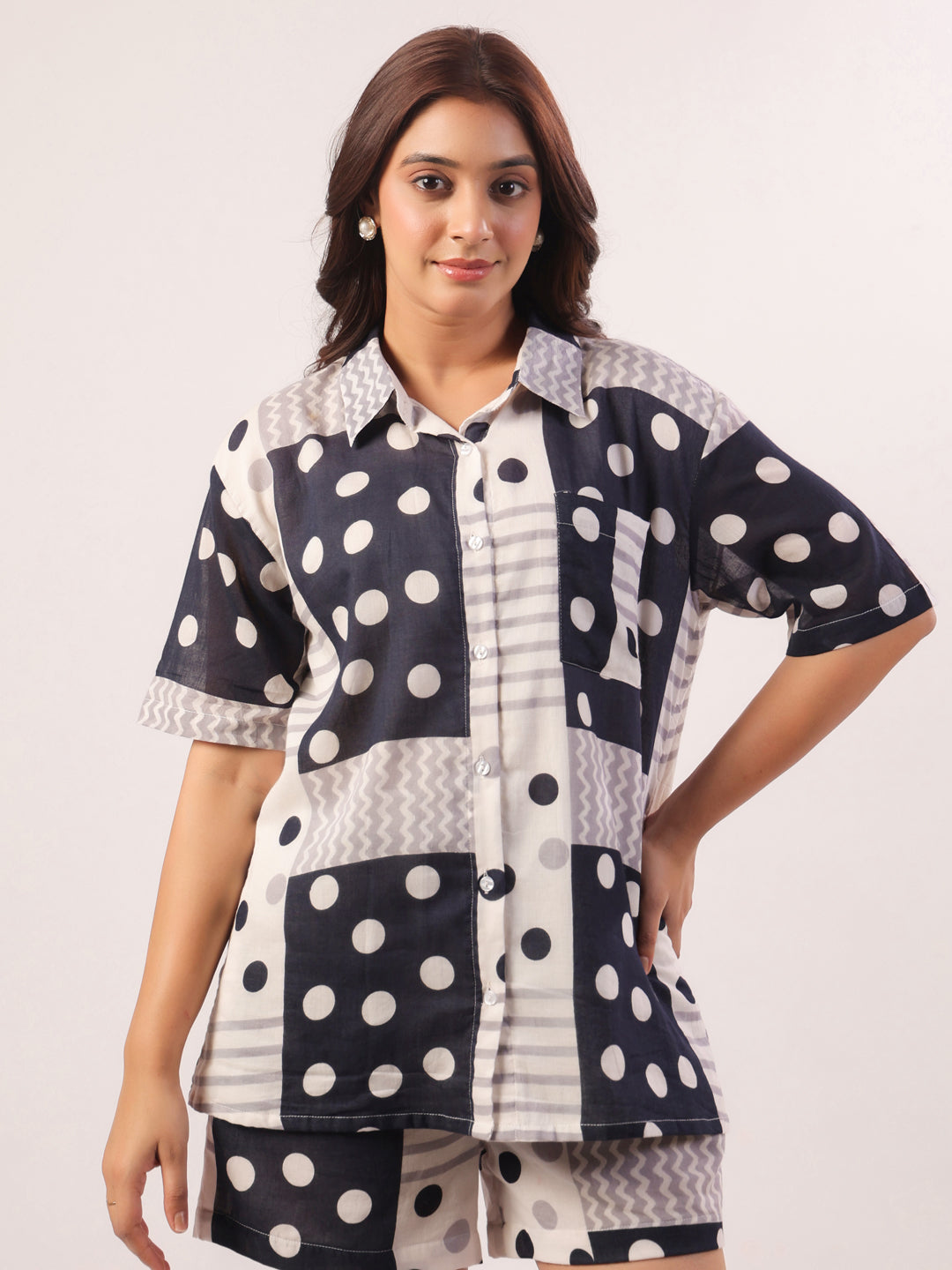 Black Shirt Collar Polk Dot Print Cotton Lounge set  For Women