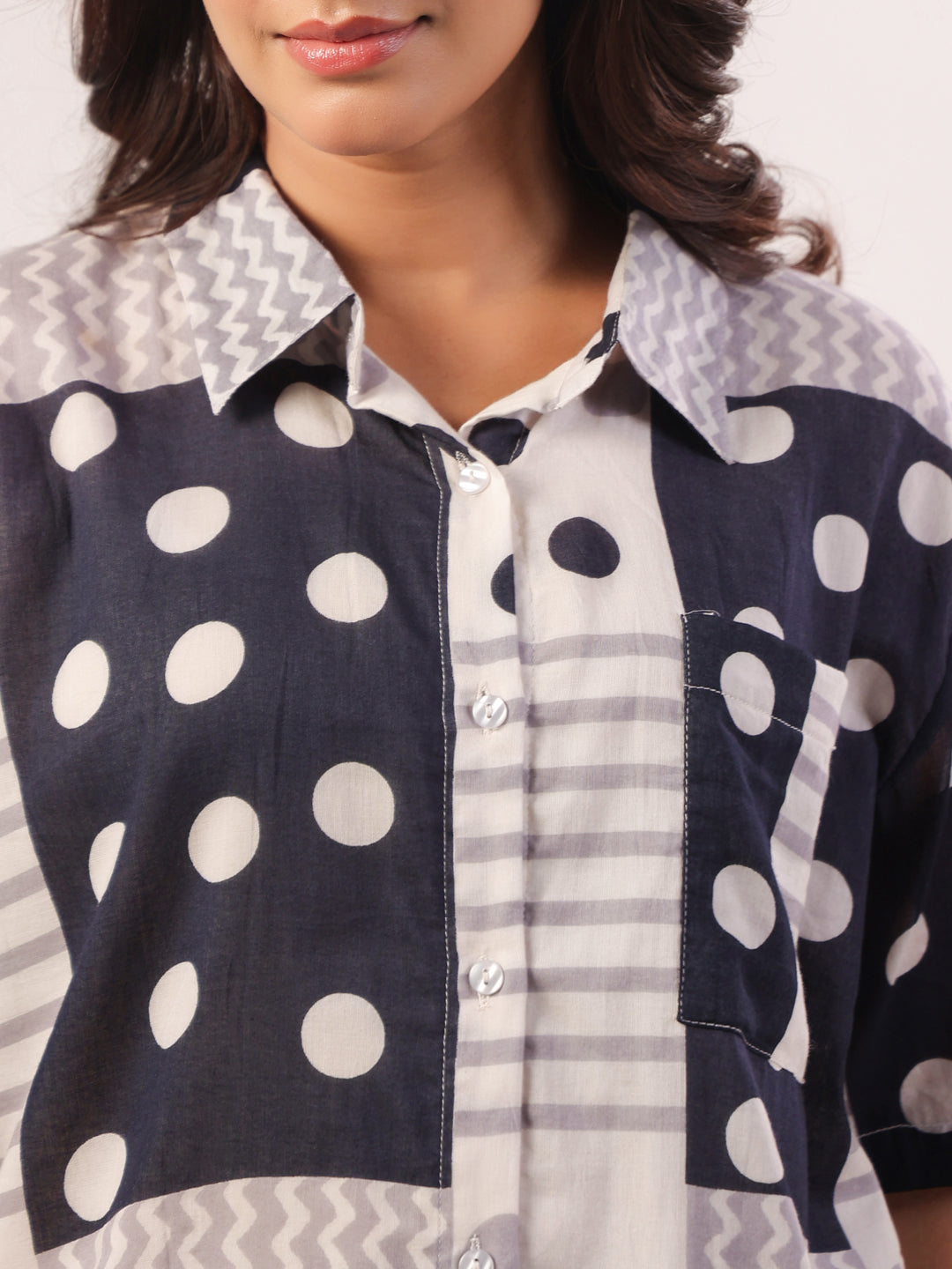 Black Shirt Collar Polk Dot Print Cotton Lounge set  For Women