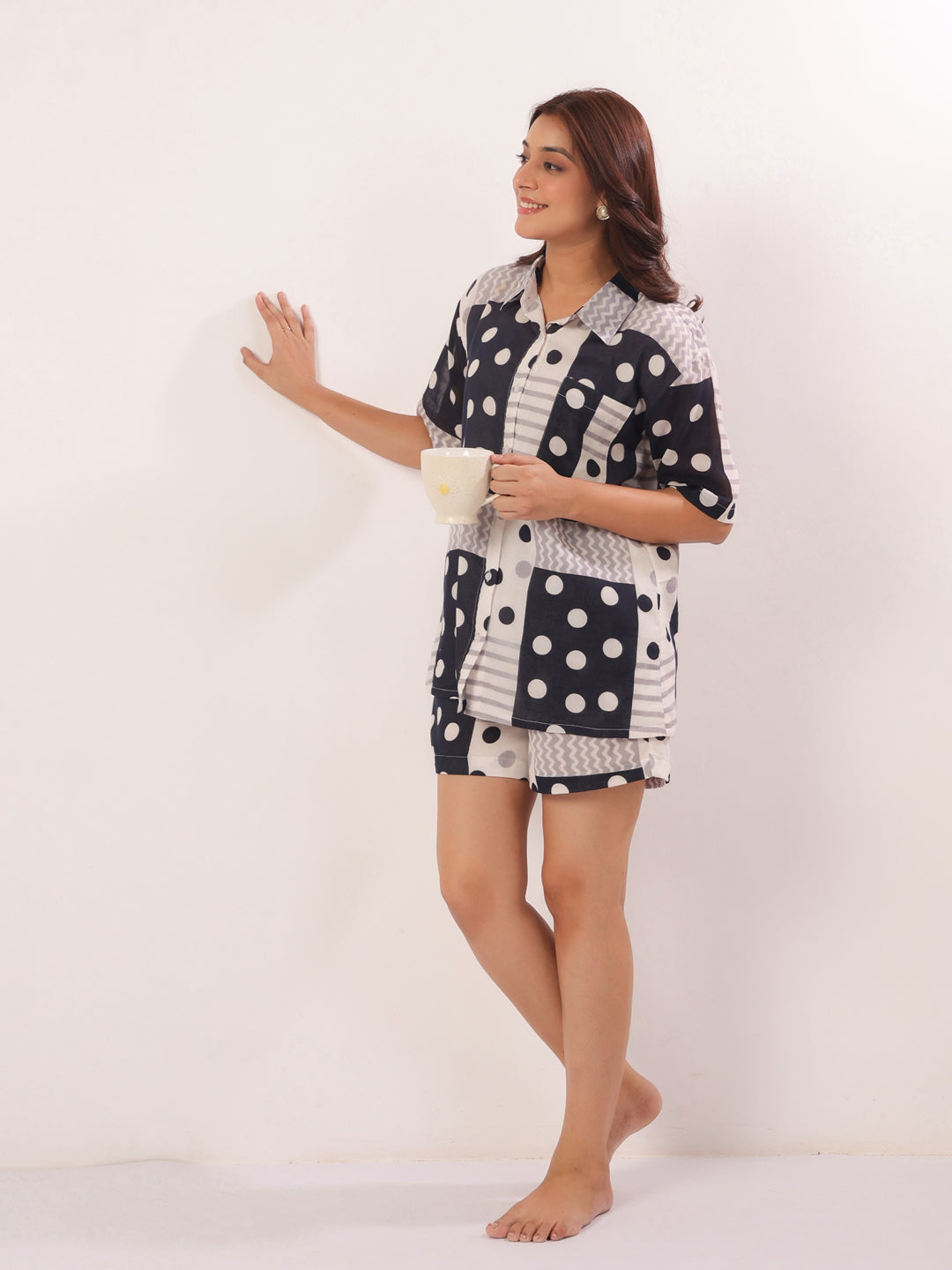 Black Shirt Collar Polk Dot Print Cotton Lounge set  For Women