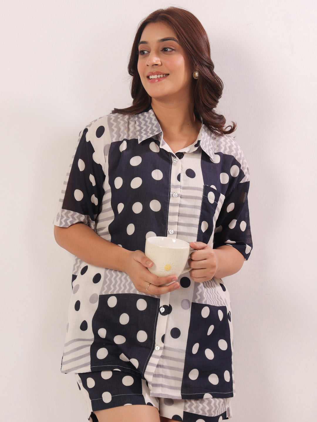 Black Shirt Collar Polk Dot Print Cotton Lounge set  For Women