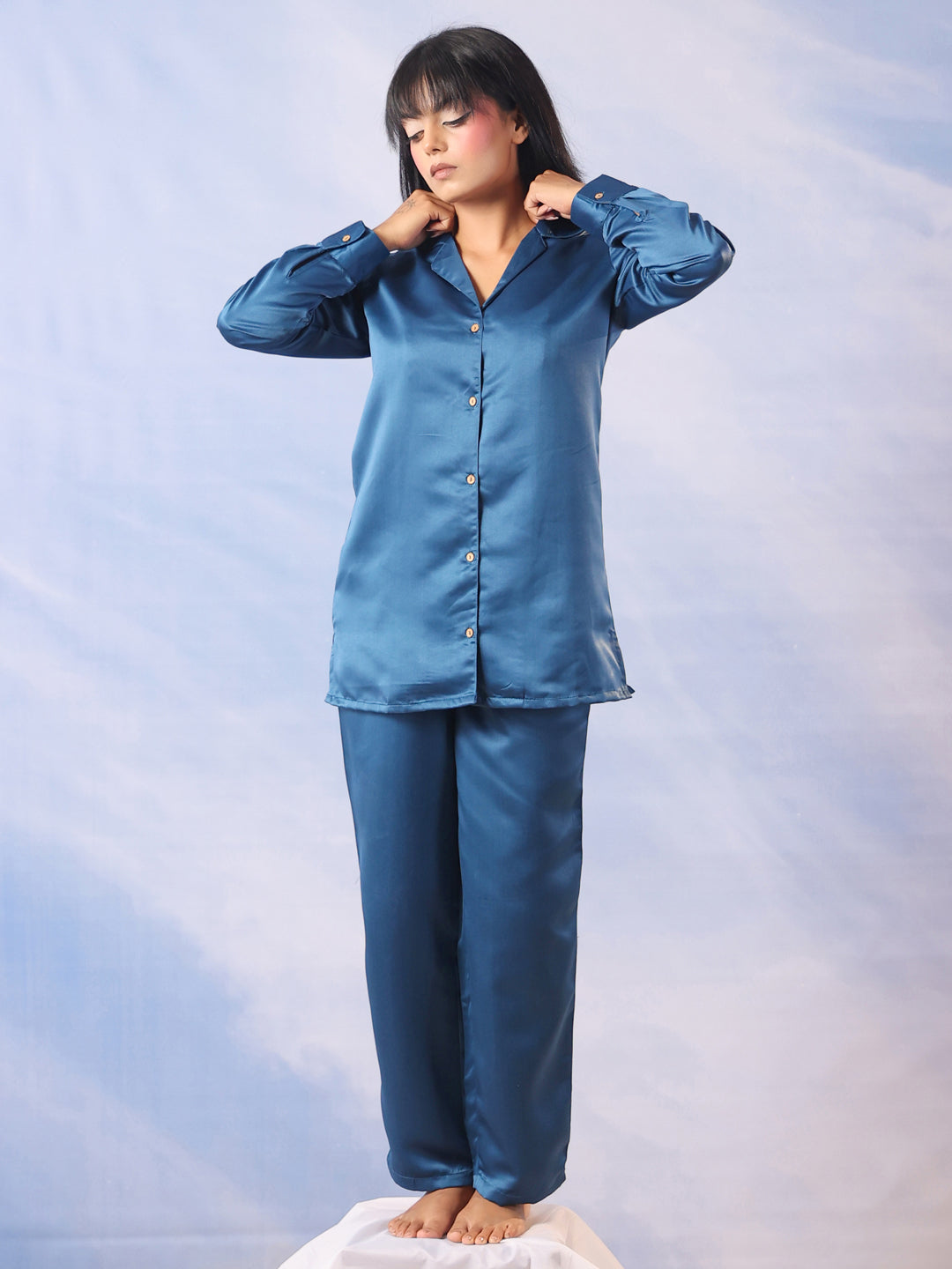 Blue Lapel Collar Solid print Pure Silk Night Suit For Women