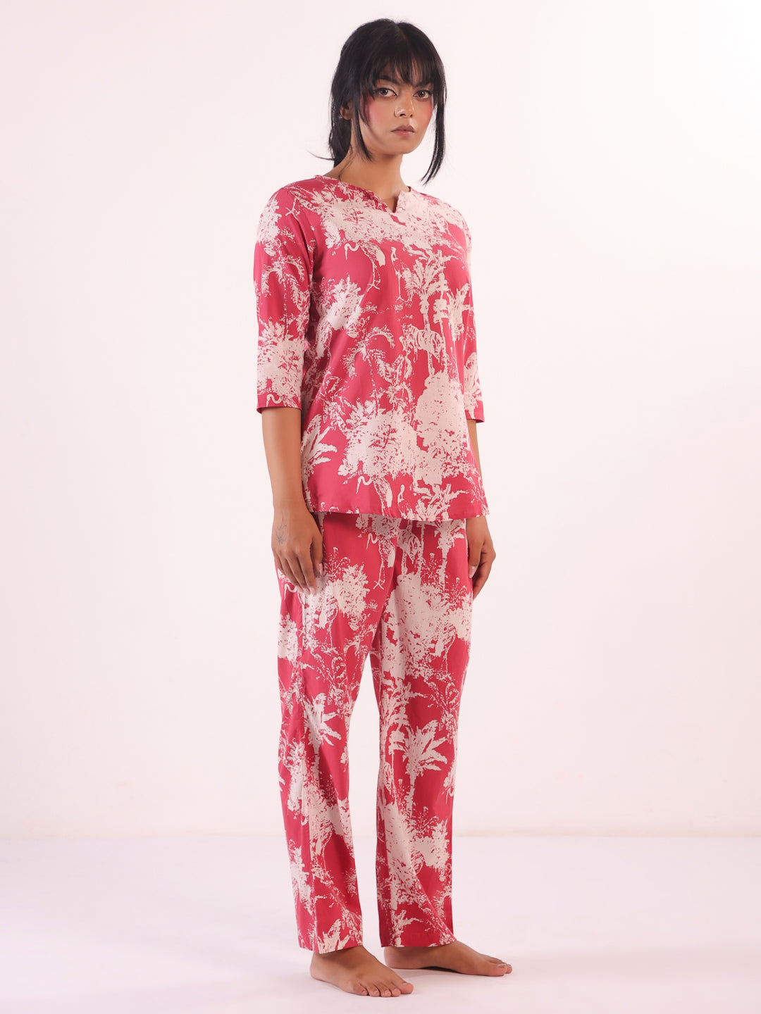 Pink Round Neck Tropical Print Pure Cotton Night Suit For Women