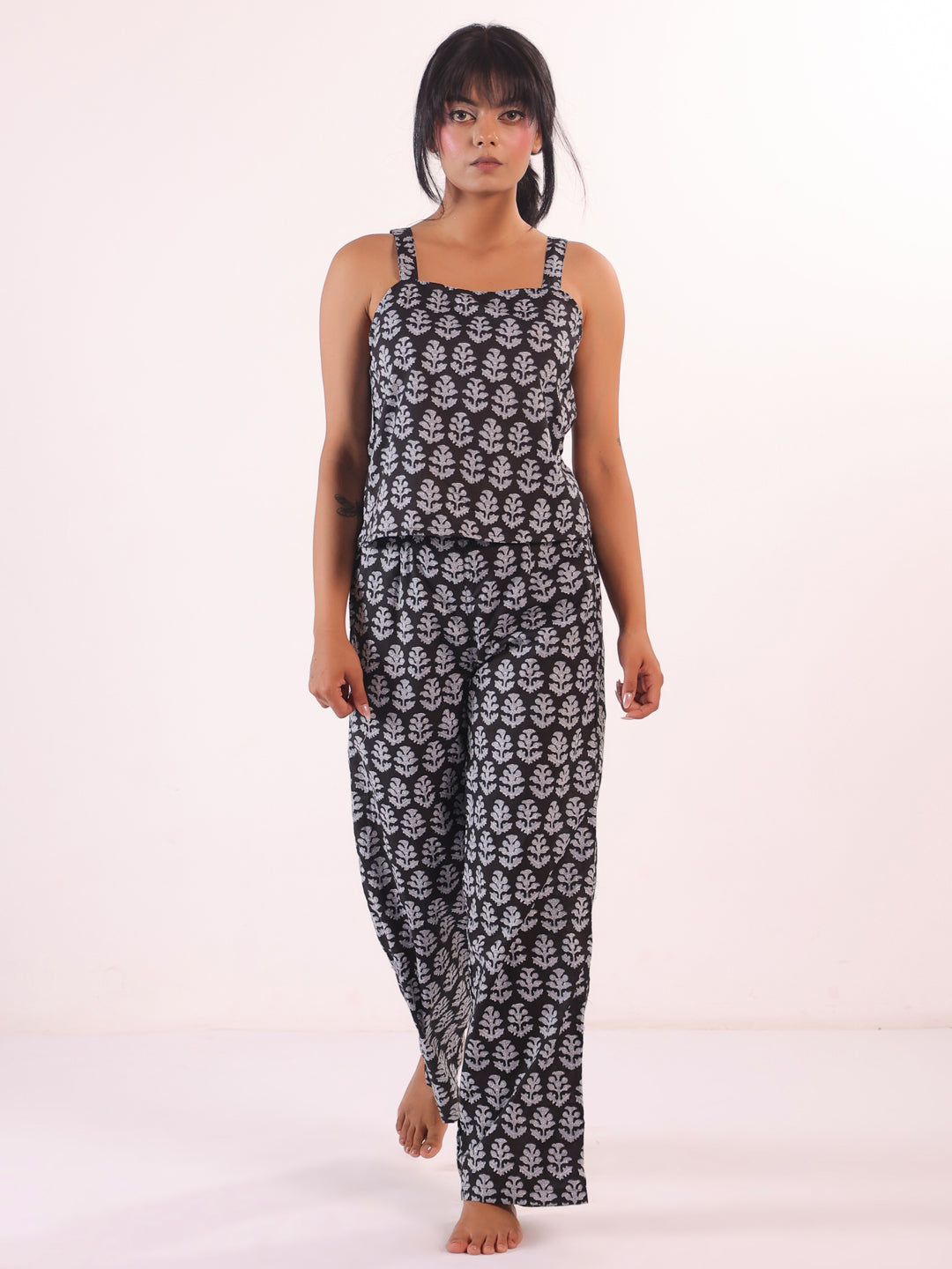 Black Square Neck Floral Print Pure Cotton Night Suit For Women