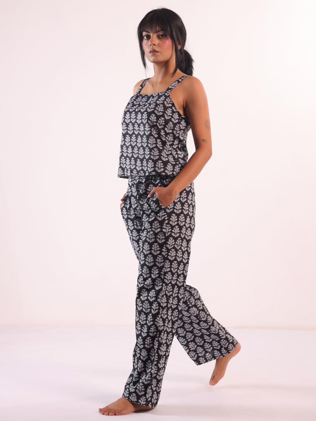 Black Square Neck Floral Print Pure Cotton Night Suit For Women