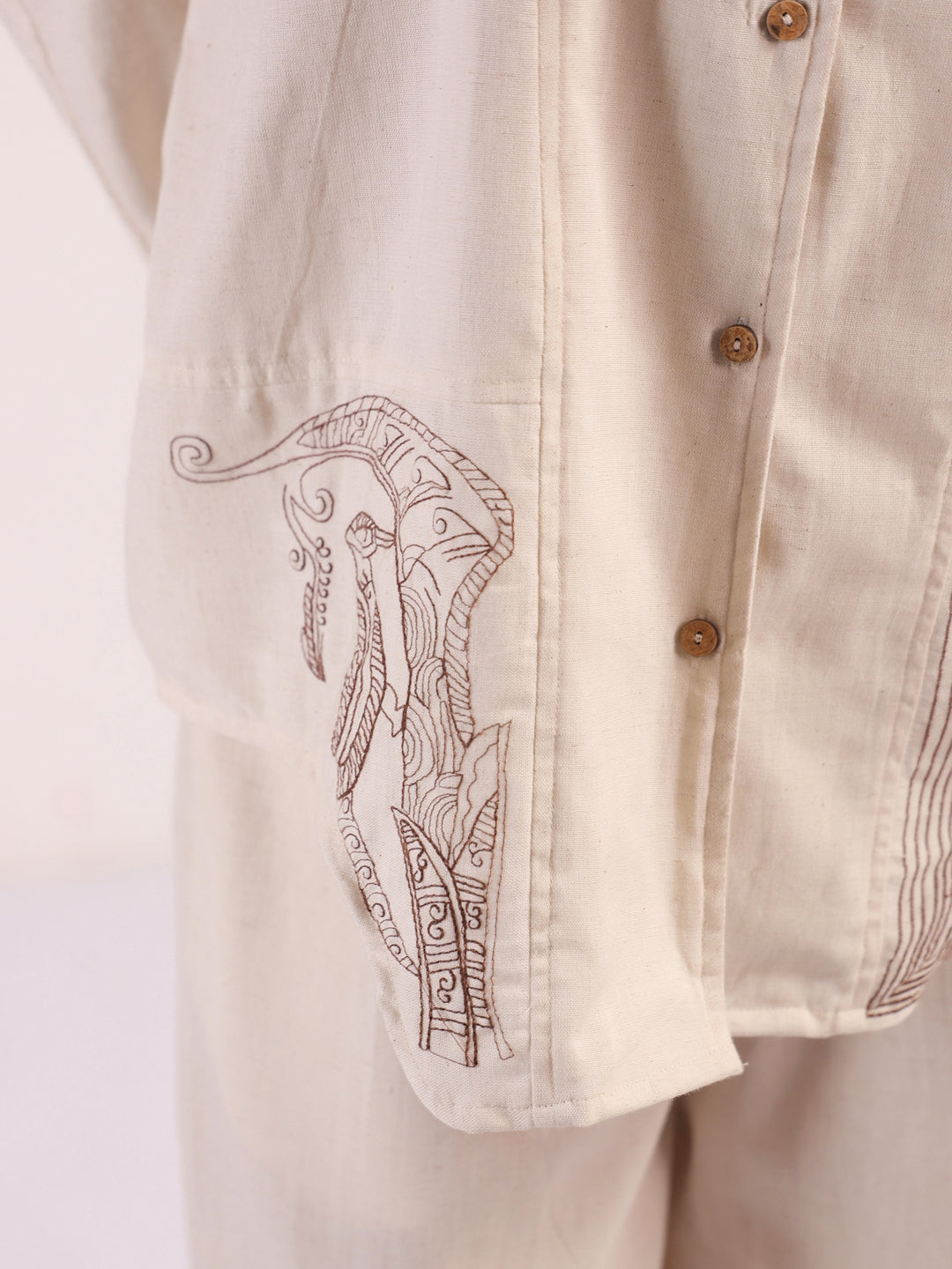 Cream Embroidered Lapel Collar Pure Cotton Co-Ord Set For Women