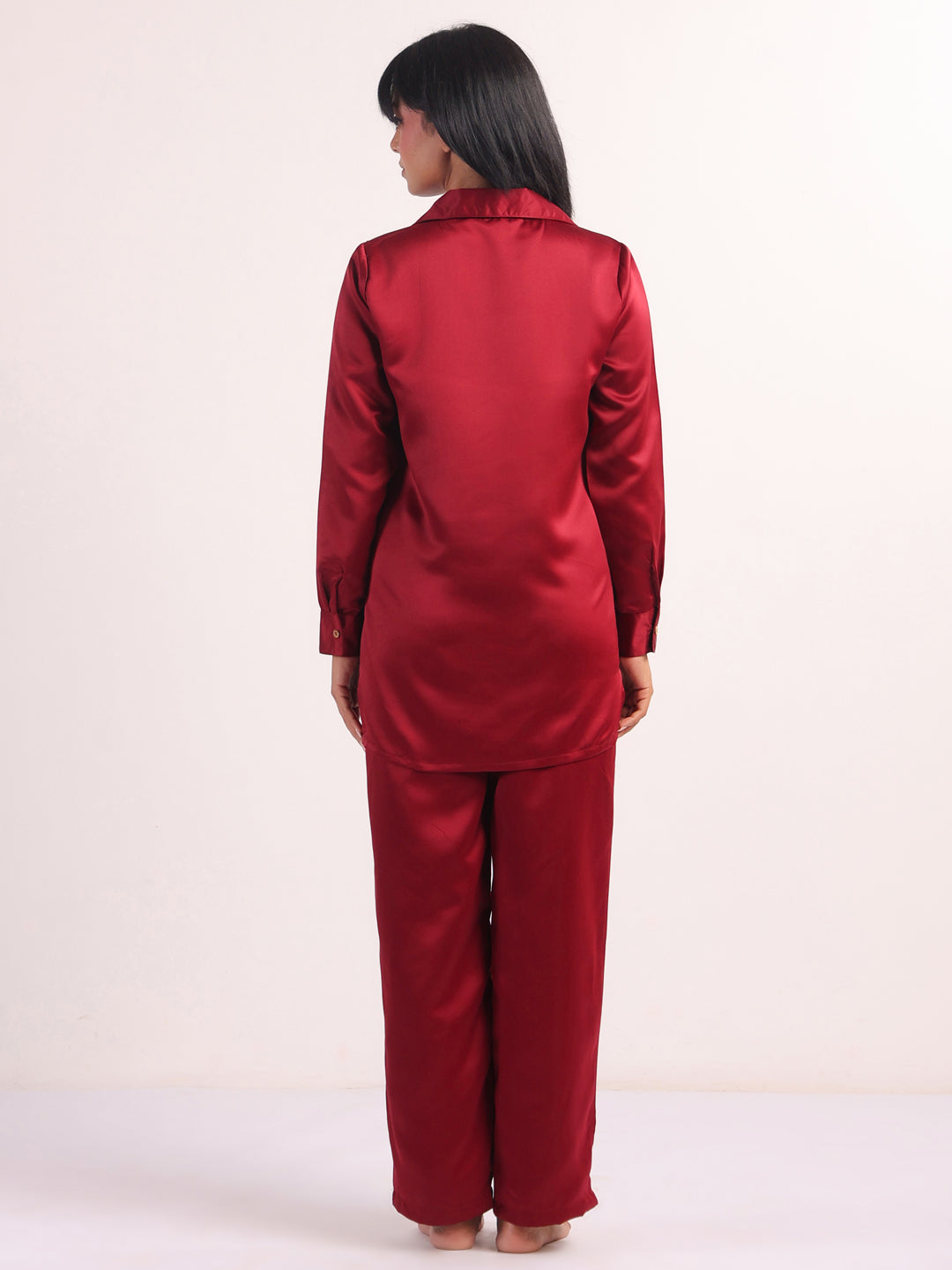 Marron Lapel Collar Solid Print Silk Night Suit For Women