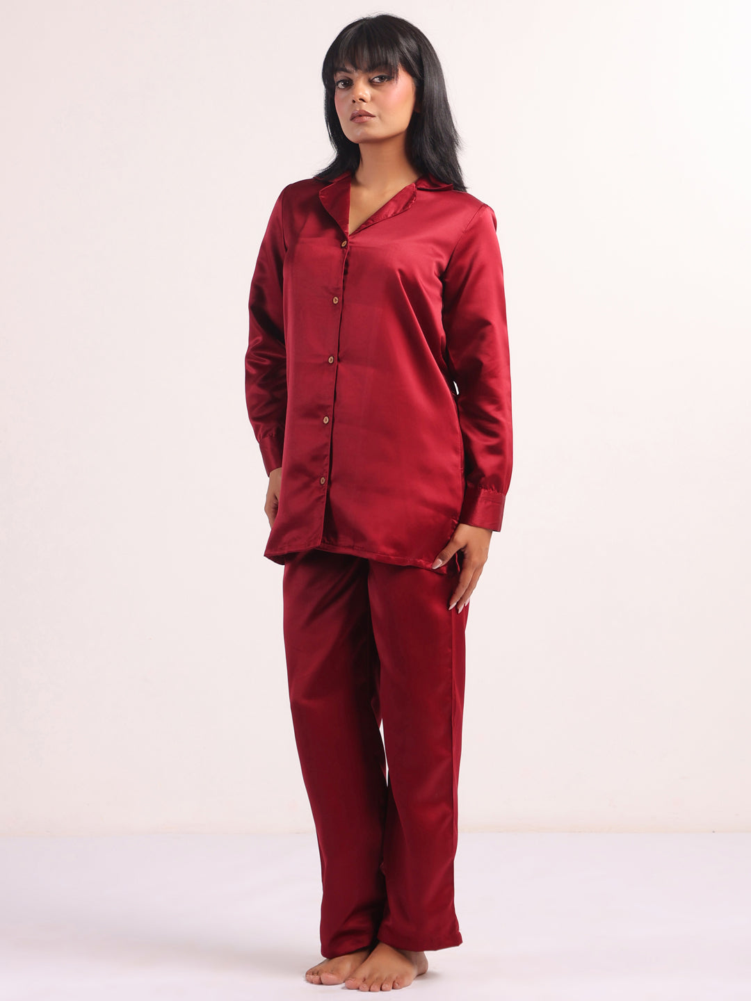 Marron Lapel Collar Solid Print Silk Night Suit For Women