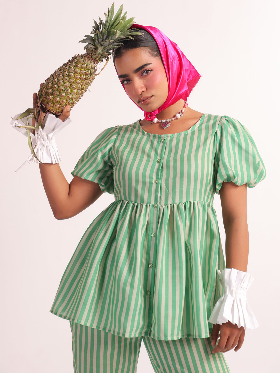 Green Striped Print Round Neck Pure Cotton Night Suit For Women