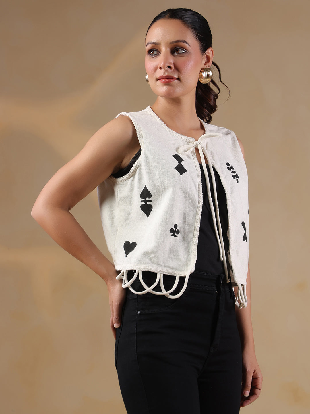 White Playing Card Print Handloom Jacket for Women