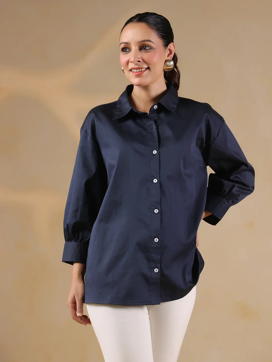 Buy Navy Blue Shirt Collar Oversized Solid Women Shirt Online @ Best Price Buy Navy Blue Shirt Collar Oversized Solid Women Shirt Online @ Best Price