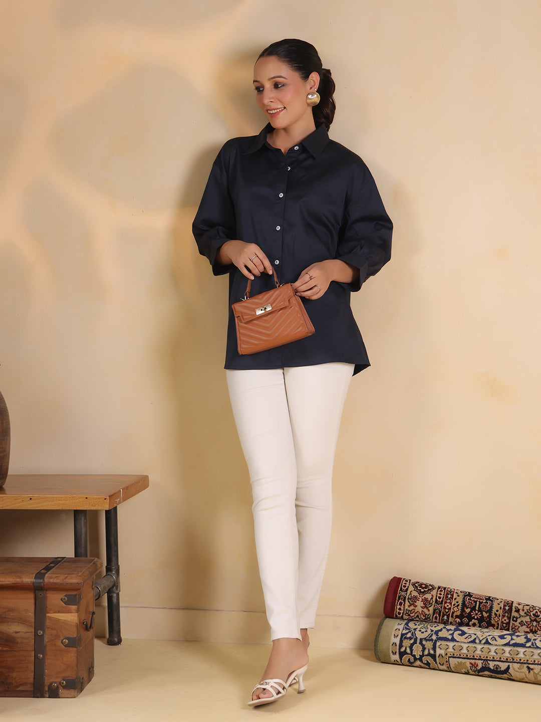 Navy Blue Shirt Collar Oversized Solid Women Shirt