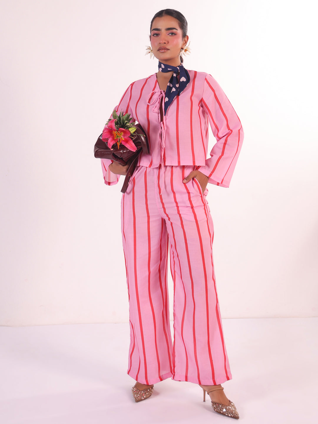 Pink Striped Print V-Neck Pure Cotton Night Suit For Women