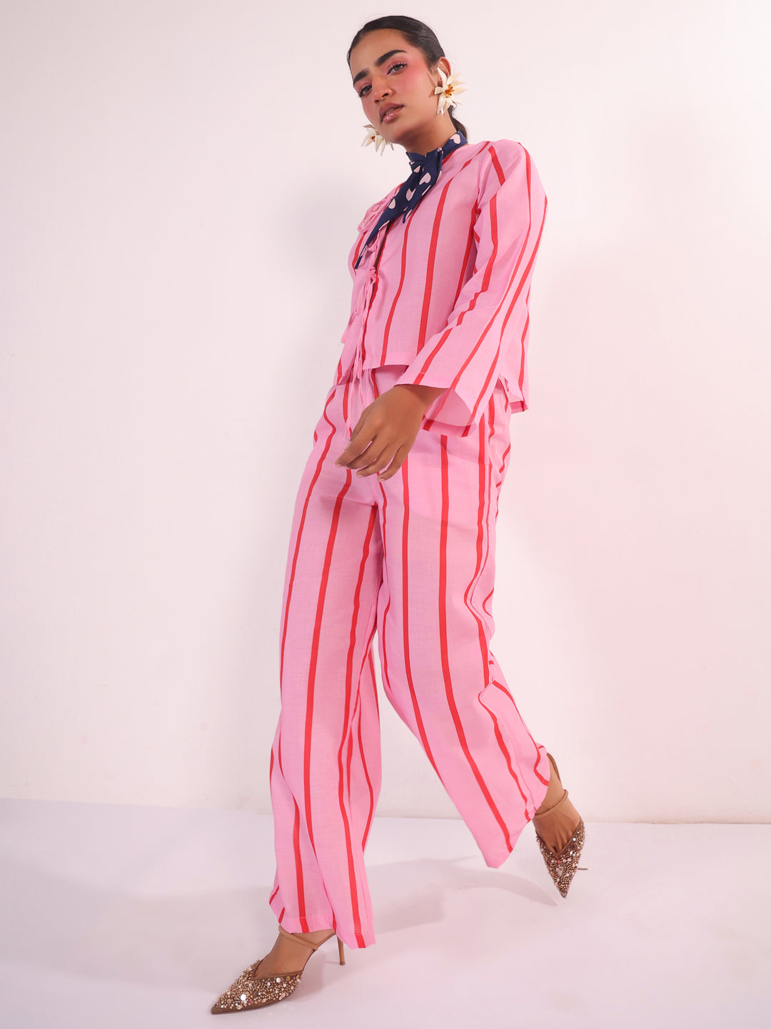 Pink Striped Print V-Neck Pure Cotton Night Suit For Women