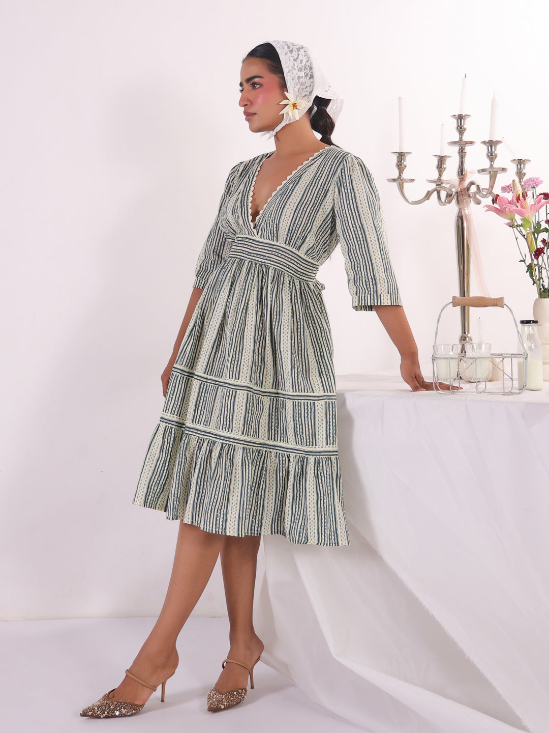 Off White V-Neck Abstract Print Cotton Flared Dress For Women