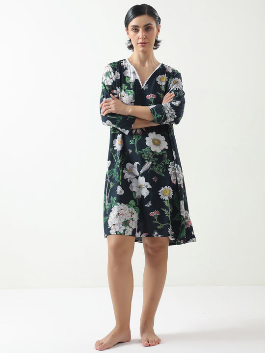 Black Floral Printed Cotton V-Neck Night Dress