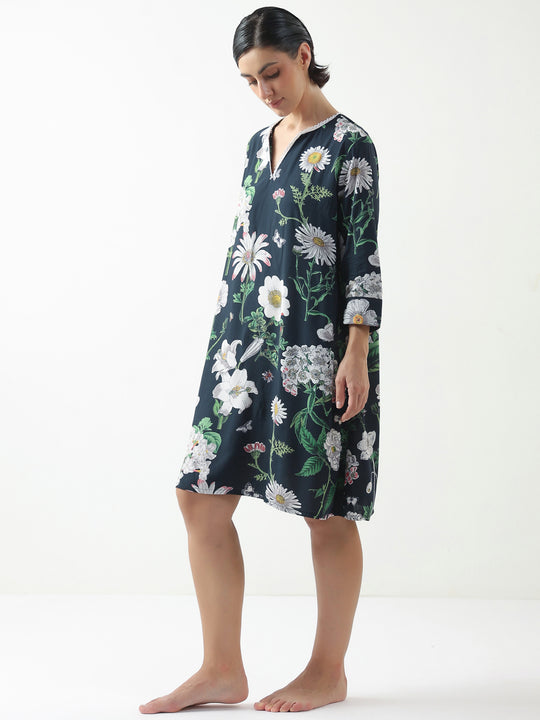 Black Floral Printed Cotton V-Neck Night Dress