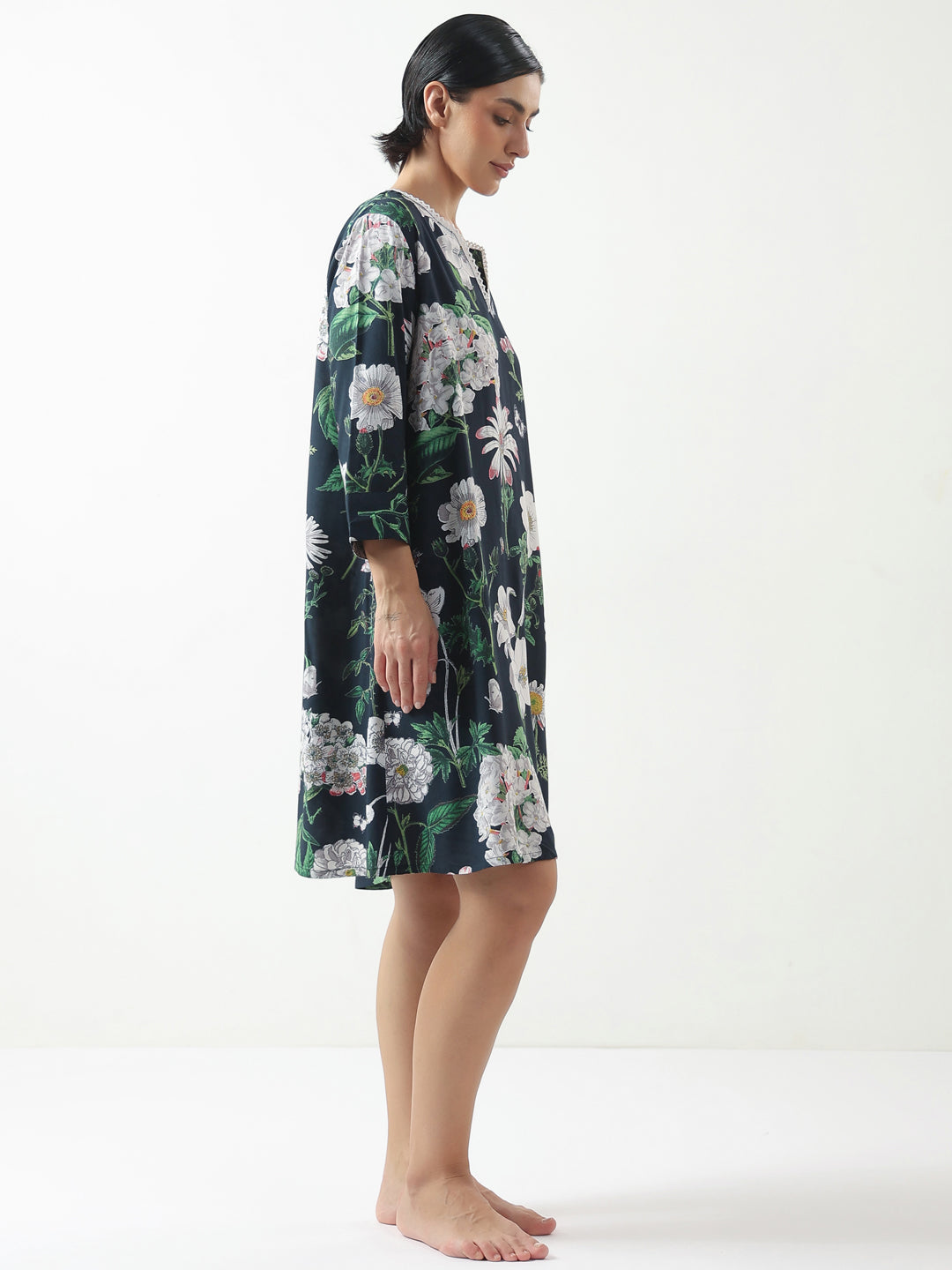 Black Floral Printed Cotton V-Neck Night Dress