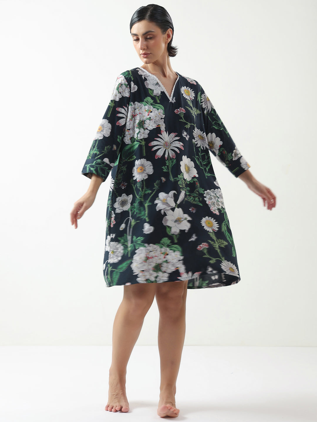 Black Floral Printed Cotton V-Neck Night Dress