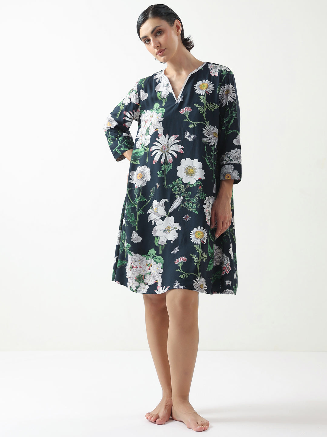 Black Floral Printed Cotton V-Neck Night Dress