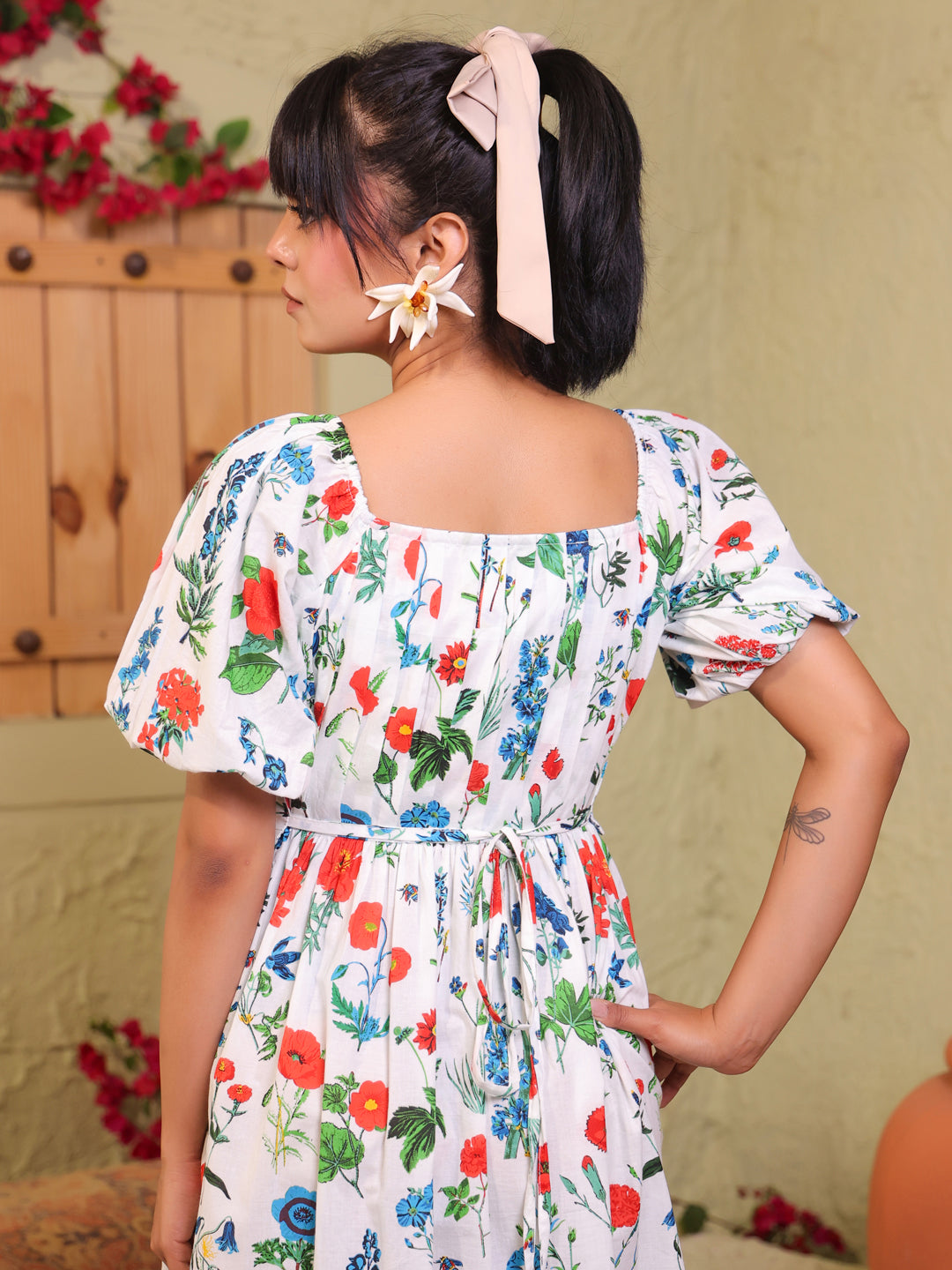 White Round Neck Floral Print Flared Pure Cotton Dress For Women