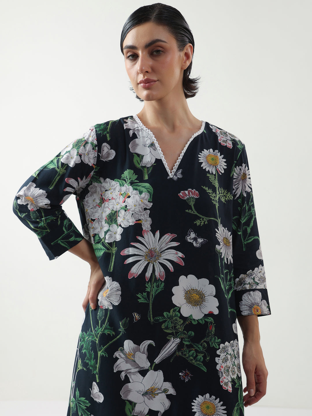 Black Floral Printed Cotton V-Neck Night Dress