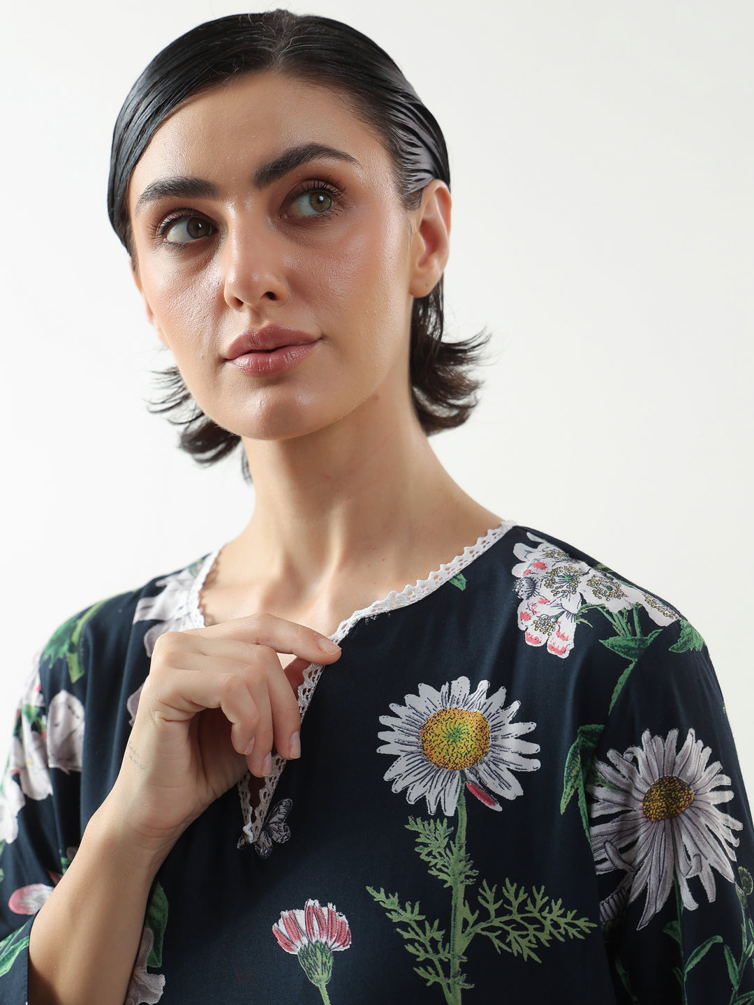 Black Floral Printed Cotton V-Neck Night Dress