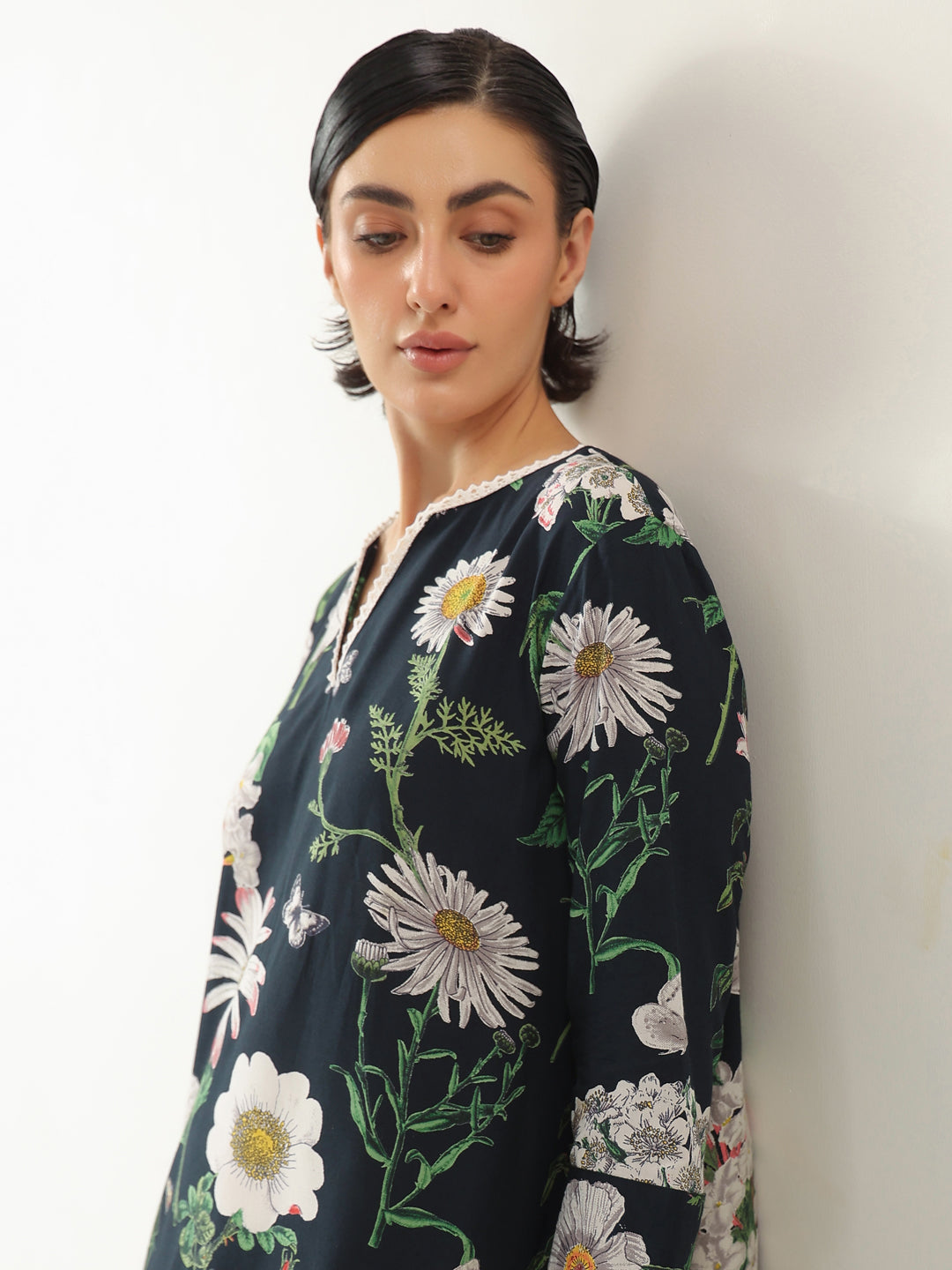 Black Floral Printed Cotton V-Neck Night Dress