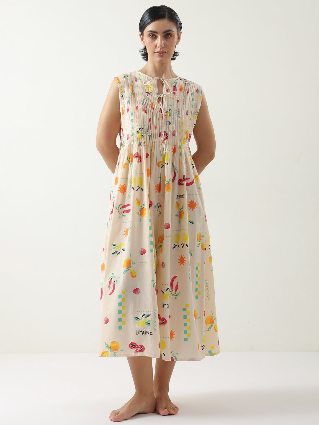 Peach Printed Cotton Dress For Women