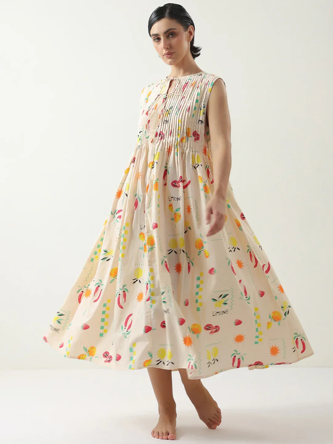 Peach Printed Cotton Dress For Women