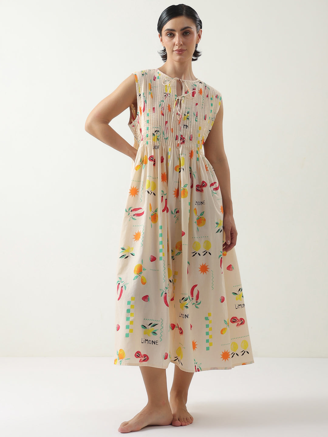 Peach Printed Cotton Dress For Women