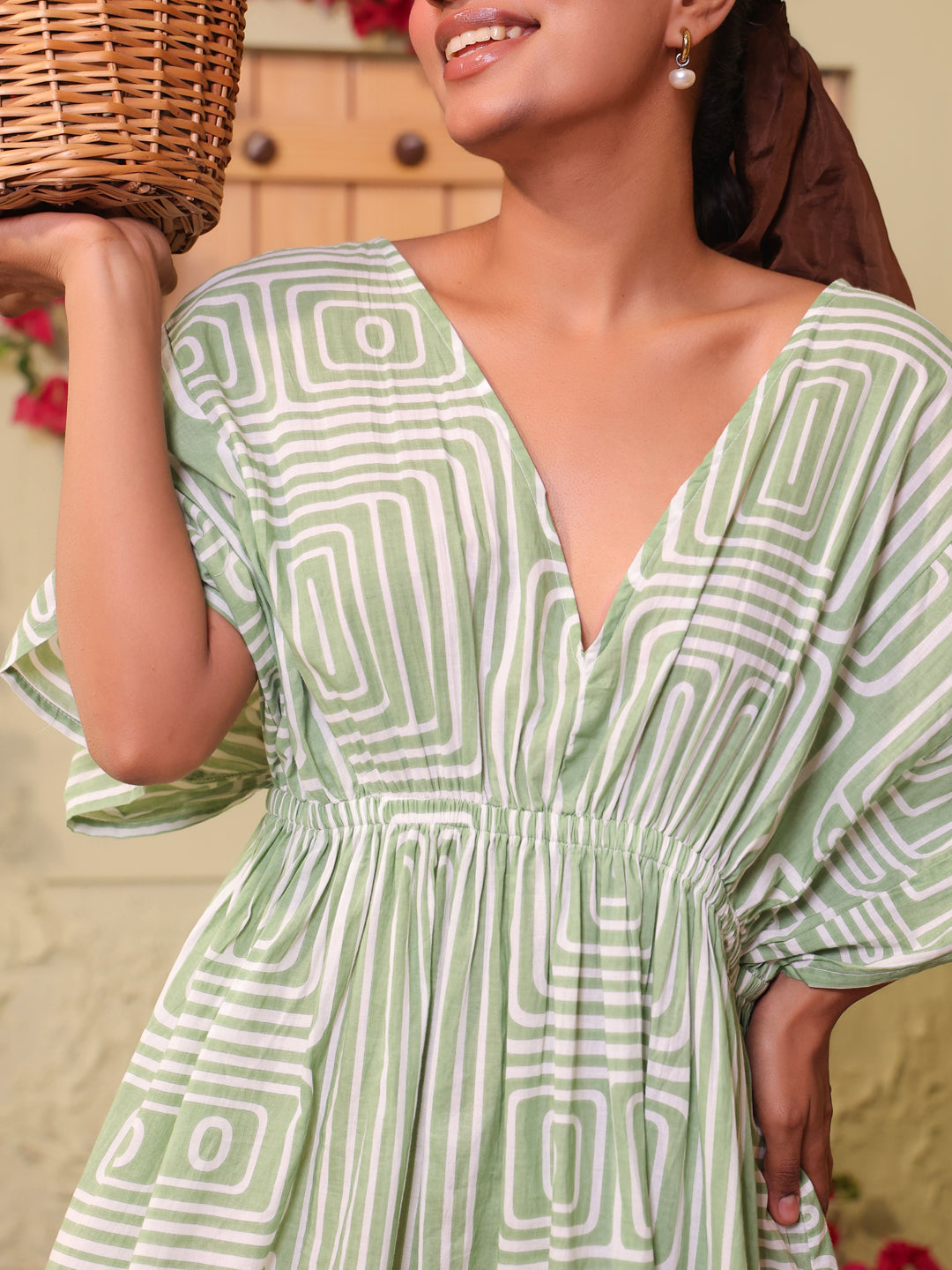 Off White Abstract Print V-Neck Flared Cotton Dress For Women