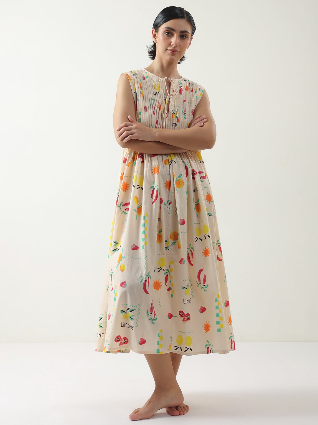 Peach Printed Cotton Dress For Women