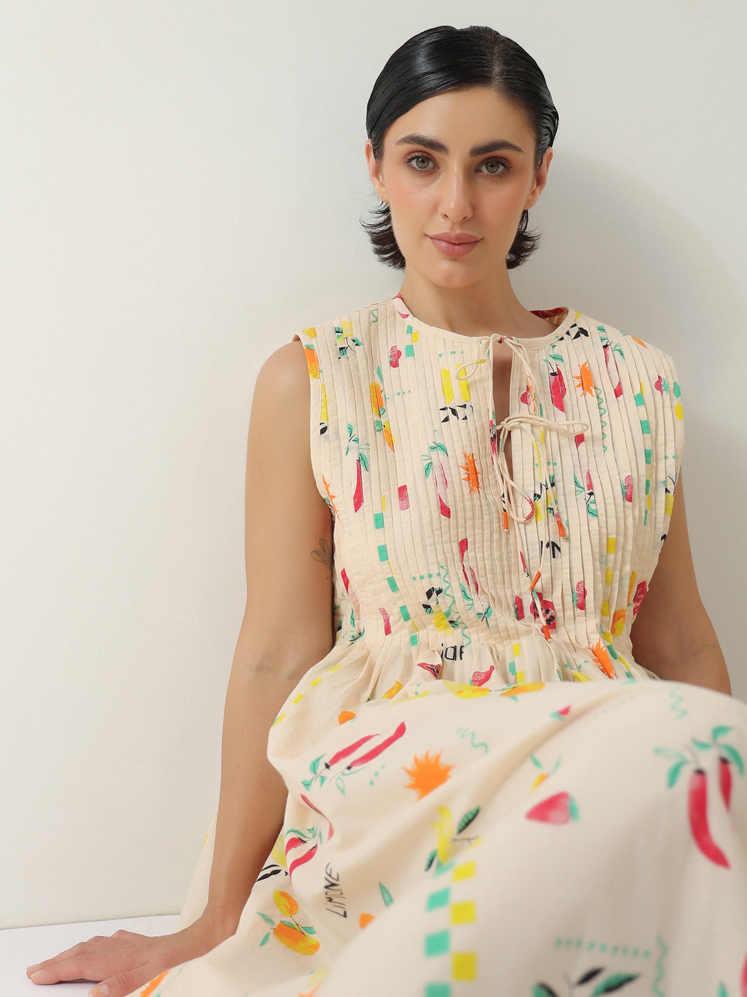 Peach Printed Cotton Dress For Women