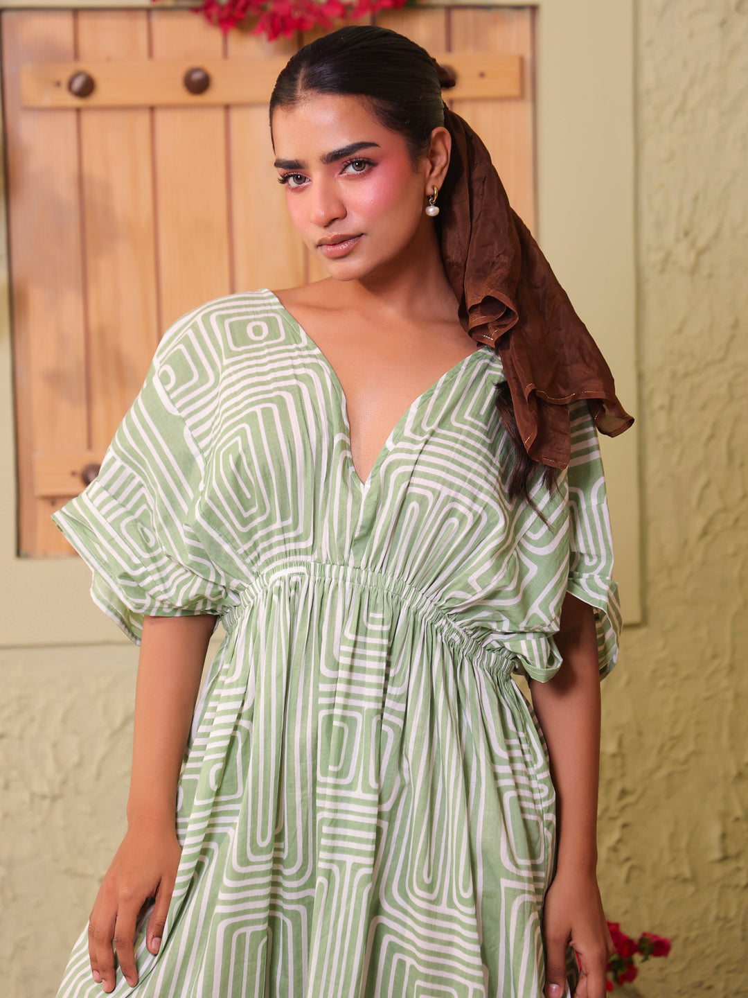 Off White Abstract Print V-Neck Flared Cotton Dress For Women